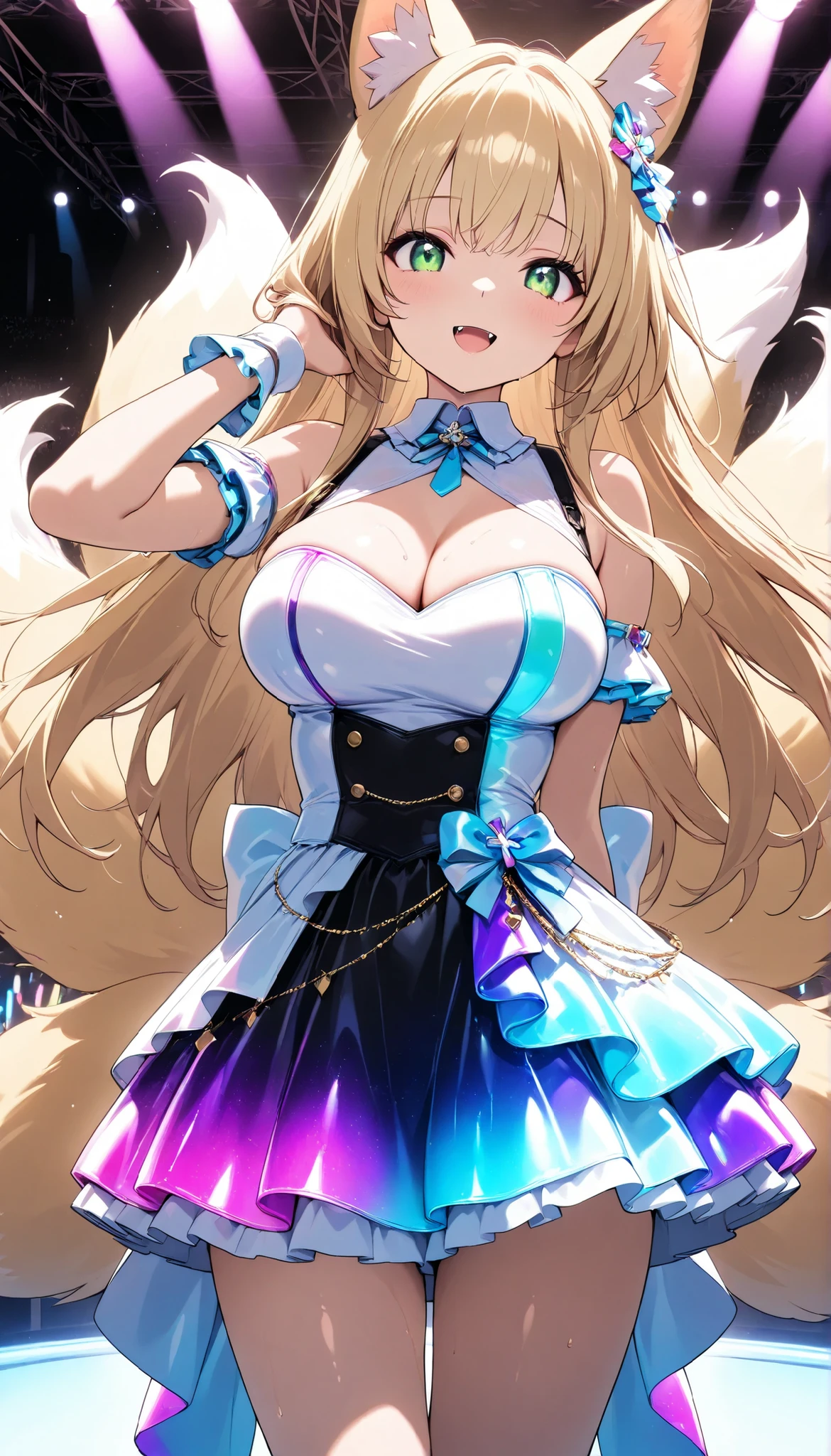 score_9, score_8_up, score_7_up, score_6_up, score_5_up, score_4_up, Embarrassed, (masterpiece:1.3, perfect details:1.3, best quality:1.3, 8k wallpaper), ((beautiful detailed eyes, clean eyes)), source_anime, 
((1girl, fox girl, blonde long hair,multiple tails,fox tail,fox ears, large breast, green eyes, mouth with fangs)), (wet skin), looking at viewer,  idol dress, singing on the stage, ((green Idol costumes, iridescent gradient dress, Iridescent Gloss Gradient dress)), idol-themed scene featuring young performers in dazzling, The performers should have dynamic, expressive poses, sparkling accessories, set on a glamorous stage with bright spotlights and a lively crowd in the background, steage, live stage, smile, Alluring expression, Music Stage, Festival