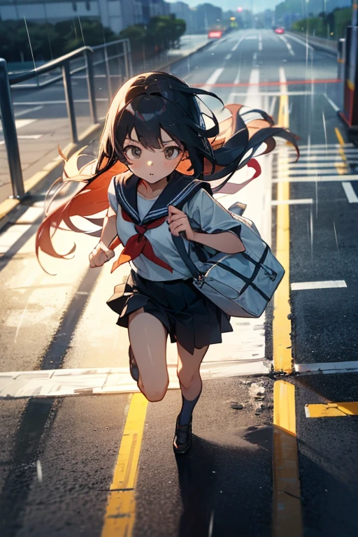 finest image, detailed and delicate depiction, Big character, deformed, A gigantic cute high school girl runs with a smile on her face, stomping and destroying the city