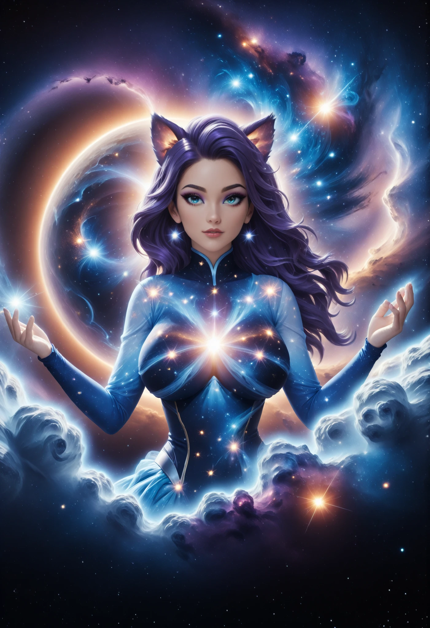 An incomprehensible and spectacular scene from a glowing cloud, A elemental girl,, (Blue fire and dark ice eyes) , 3D, cold colors, (no human),BREAK Non human with ethereal body ((transparent body made with mist) (ghost form), (((stellar goddess very charismatic and charming))), (supernatural being), ((with purple hair:1.4)) ,(Blue eyes), ((cat girl with elegant dresd)) BREAK BREAK , ((big breast)), ( eyeshadow, eyeliner:1.3))BREAK ((her body is covered by a mist and clouds that reflects universe )) BREAK ((cowboy shot view)), ((dark space, galaxy and universe in background:1.3)), dynamic pose, (holding a galaxy in hands ((fading in background) BREAK, (dynamic face), filaments of fractal nebula, Cosmic entities, celestial, Space, Bright and bright, Turns, whirling, unreal, high contrast, symbolic, Magic, oversaturated, Colorful, [[[extremely detailed artgerm]]], [optical illusion] Dark curls, storm, vibrant, sunlit, absurdres, impressive, 120mm, outlining, wide thighs, luminous, glittering, reflections, lights, sky