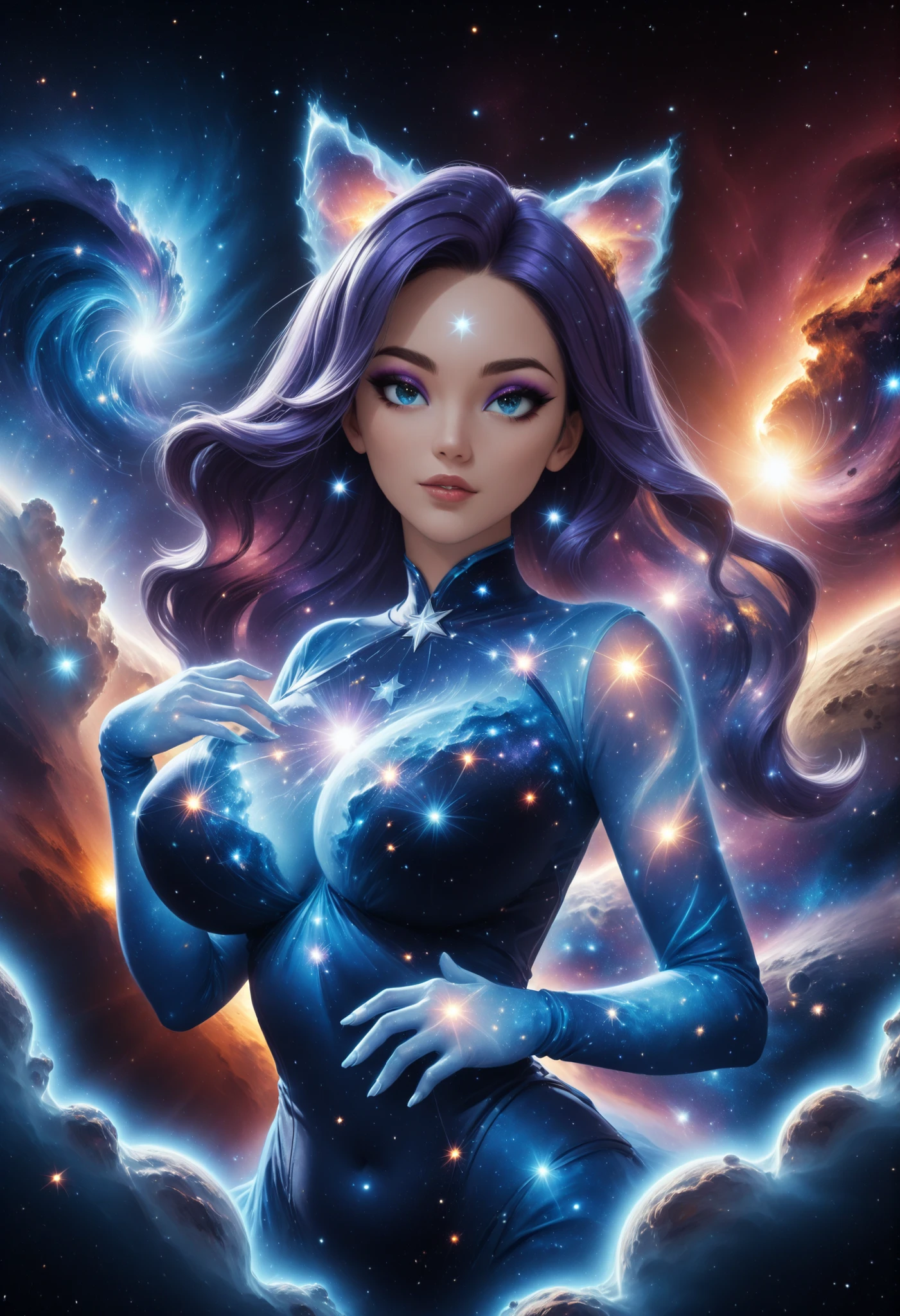 An incomprehensible and spectacular scene from a glowing cloud, A elemental girl,, (Blue fire and dark ice eyes) , 3D, cold colors, (no human),BREAK Non human with ethereal body ((transparent body made with mist) (ghost form), (((stellar goddess very charismatic and charming))), (supernatural being), ((with purple hair:1.4)) ,(Blue eyes), ((cat girl with elegant dresd)) BREAK BREAK , ((big breast)), ( eyeshadow, eyeliner:1.3))BREAK ((her body is covered by a mist and clouds that reflects universe )) BREAK ((cowboy shot view)), ((dark space, galaxy and universe in background:1.3)), dynamic pose, (holding a galaxy in hands ((fading in background) BREAK, (dynamic face), filaments of fractal nebula, Cosmic entities, celestial, Space, Bright and bright, Turns, whirling, unreal, high contrast, symbolic, Magic, oversaturated, Colorful, [[[extremely detailed artgerm]]], [optical illusion] Dark curls, storm, vibrant, sunlit, absurdres, impressive, 120mm, outlining, wide thighs, luminous, glittering, reflections, lights, sky