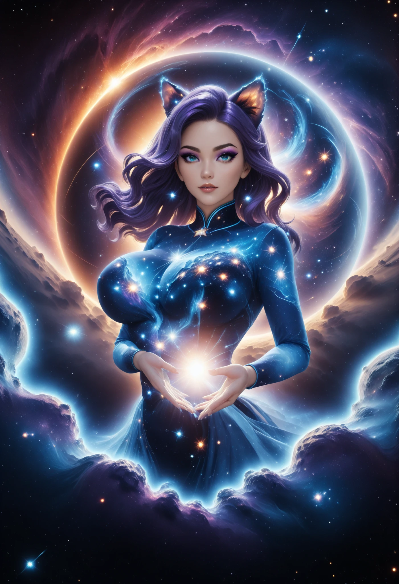 An incomprehensible and spectacular scene from a glowing cloud, A elemental girl,, (Blue fire and dark ice eyes) , 3D, cold colors, (no human),BREAK Non human with ethereal body ((transparent body made with mist) (ghost form), (((stellar goddess very charismatic and charming))), (supernatural being), ((with purple hair:1.4)) ,(Blue eyes), ((cat girl with elegant dresd)) BREAK BREAK , ((big breast)), ( eyeshadow, eyeliner:1.3))BREAK ((her body is covered by a mist and clouds that reflects universe )) BREAK ((cowboy shot view)), ((dark space, galaxy and universe in background:1.3)), dynamic pose, (holding a galaxy in hands ((fading in background) BREAK, (dynamic face), filaments of fractal nebula, Cosmic entities, celestial, Space, Bright and bright, Turns, whirling, unreal, high contrast, symbolic, Magic, oversaturated, Colorful, [[[extremely detailed artgerm]]], [optical illusion] Dark curls, storm, vibrant, sunlit, absurdres, impressive, 120mm, outlining, wide thighs, luminous, glittering, reflections, lights, sky