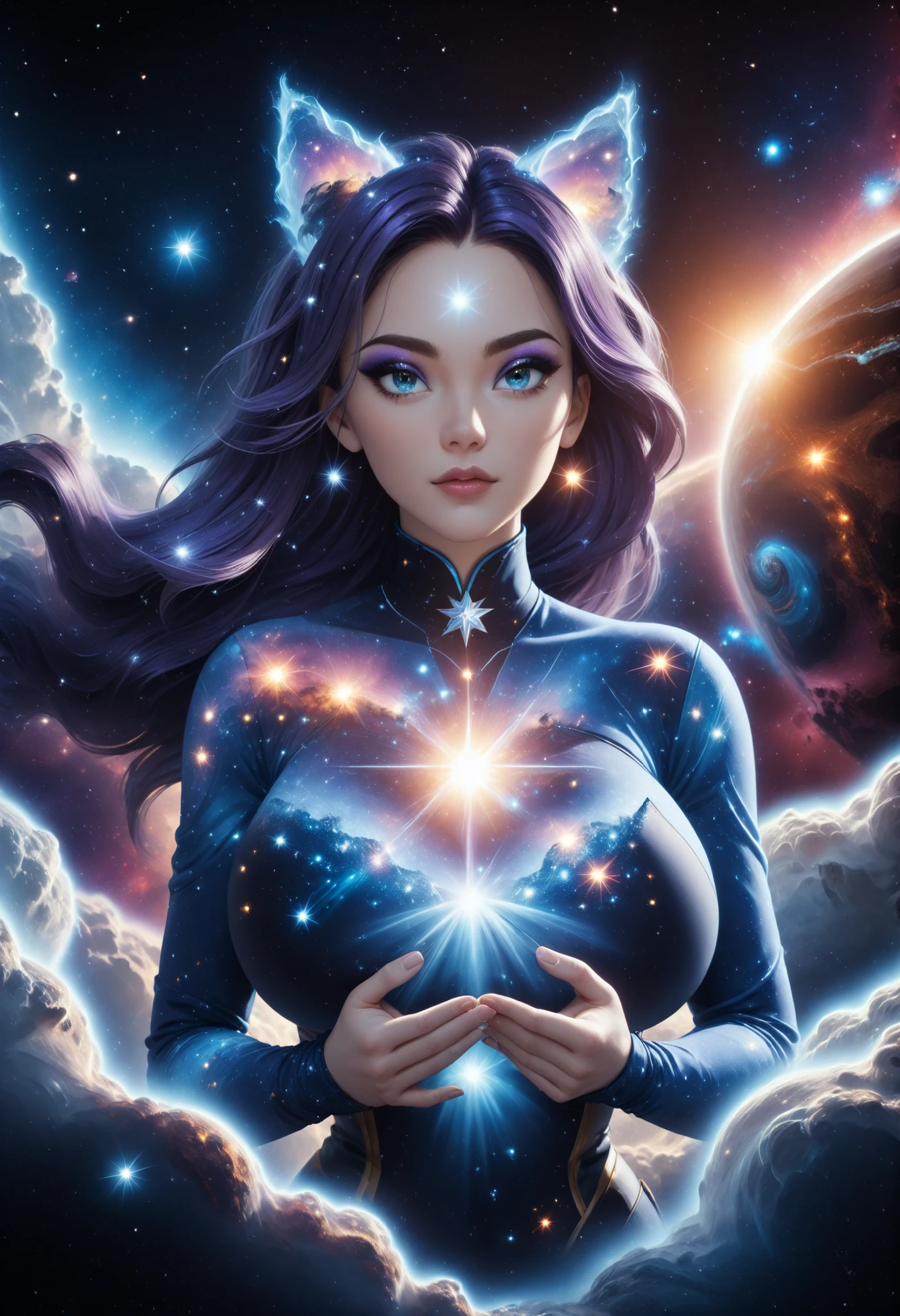 An incomprehensible and spectacular scene from a glowing cloud, A elemental girl,, (Blue fire and dark ice eyes) , 3D, cold colors, (no human),BREAK Non human with ethereal body ((transparent body made with mist) (ghost form), (((stellar goddess very charismatic and charming))), (supernatural being), ((with purple hair:1.4)) ,(Blue eyes), ((cat girl with elegant dresd)) BREAK BREAK , ((big breast)), ( eyeshadow, eyeliner:1.3))BREAK ((her body is covered by a mist and clouds that reflects universe )) BREAK ((cowboy shot view)), ((dark space, galaxy and universe in background:1.3)), dynamic pose, (holding a galaxy in hands ((fading in background) BREAK, (dynamic face), filaments of fractal nebula, Cosmic entities, celestial, Space, Bright and bright, Turns, whirling, unreal, high contrast, symbolic, Magic, oversaturated, Colorful, [[[extremely detailed artgerm]]], [optical illusion] Dark curls, storm, vibrant, sunlit, absurdres, impressive, 120mm, outlining, wide thighs, luminous, glittering, reflections, lights, sky