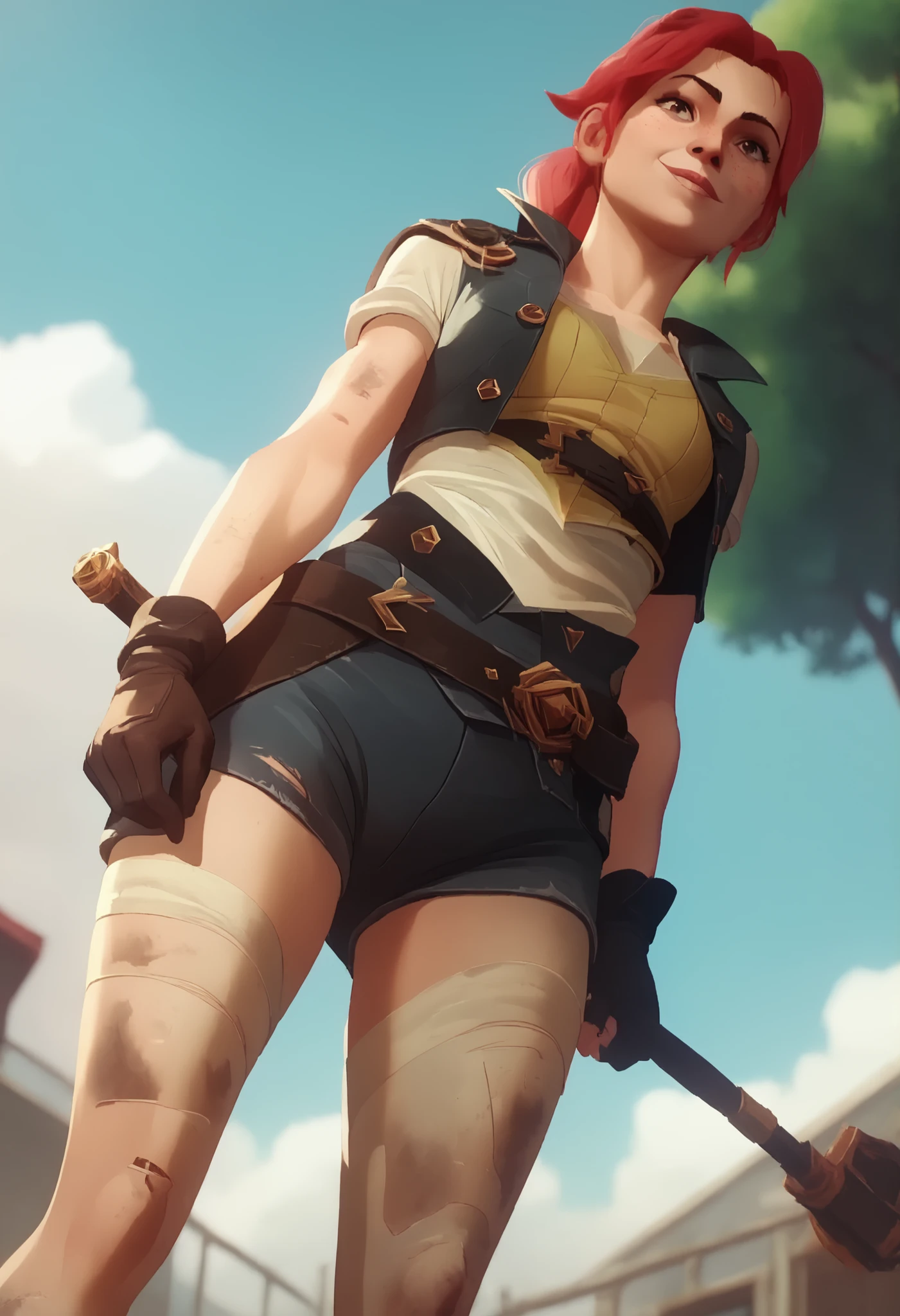 best quality, 4k, ((masterpiece)), extremely detailed, 8k, trending in ArtStation, intricate, high detail, sharp focus, detailed background, (fantasy city: 1.4), roof,(((1girl))), ground, navel, bow , blonde hair, red eyes, hair bow, red scarf, braid, short hair, small breasts, standing, looking at viewer, smile, midriff, cowboy shot, blonde hair, black bow, (very short and sexy bikini ), gloves, brown gloves, (muscular legs), vest, from behind, looking back, hands on hips,