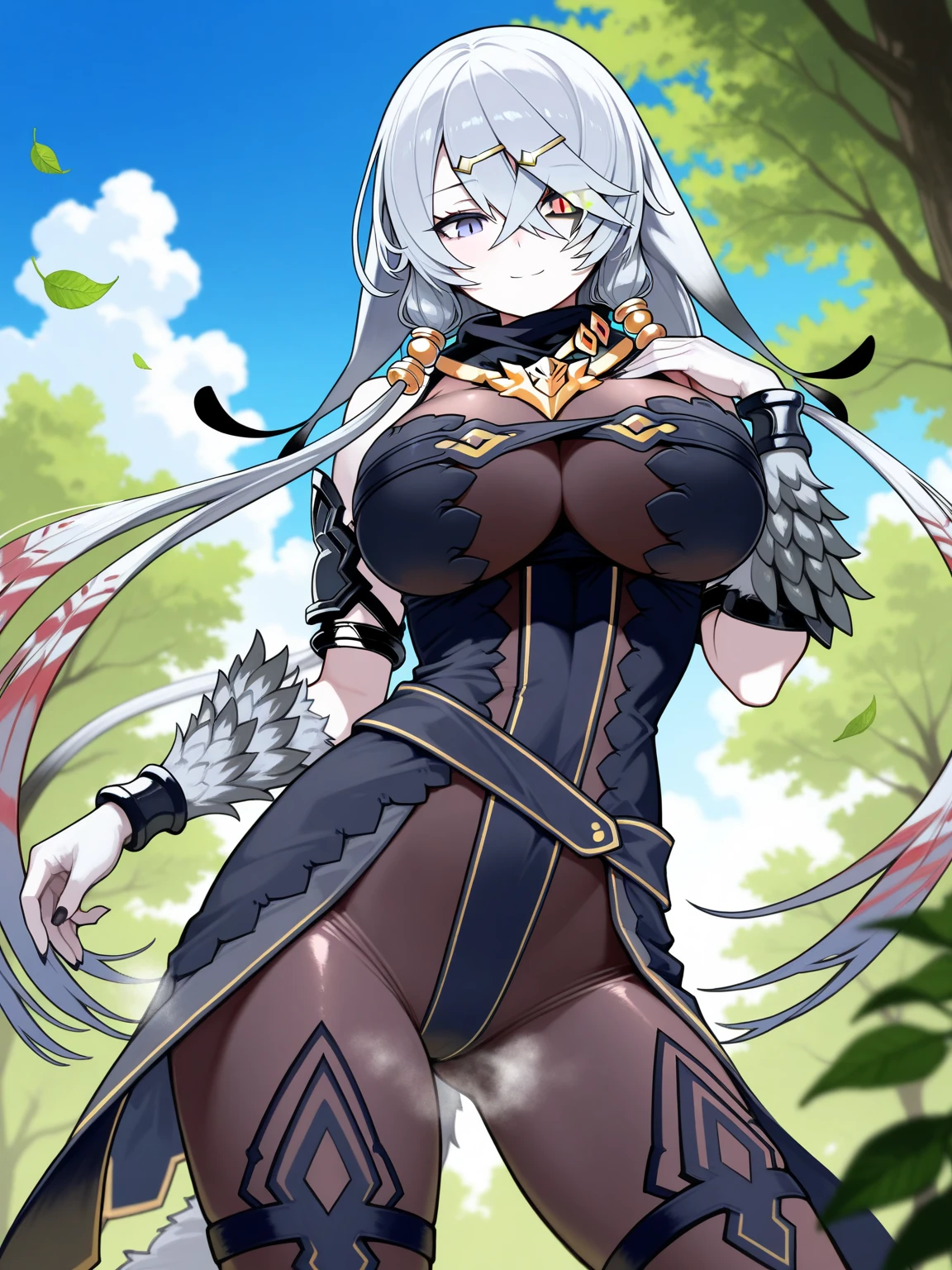 kneeling, earrings, braided hair, bodysuit, hip vent, (night forest background), ShenheV4, anime cels style, best quality, high resolution, 1girl, (huge breasts:1.2), beautiful face, grey hair, long hair, hair ornament, (hair over one eye), blue eye, cowboy shot, smiling, blushing