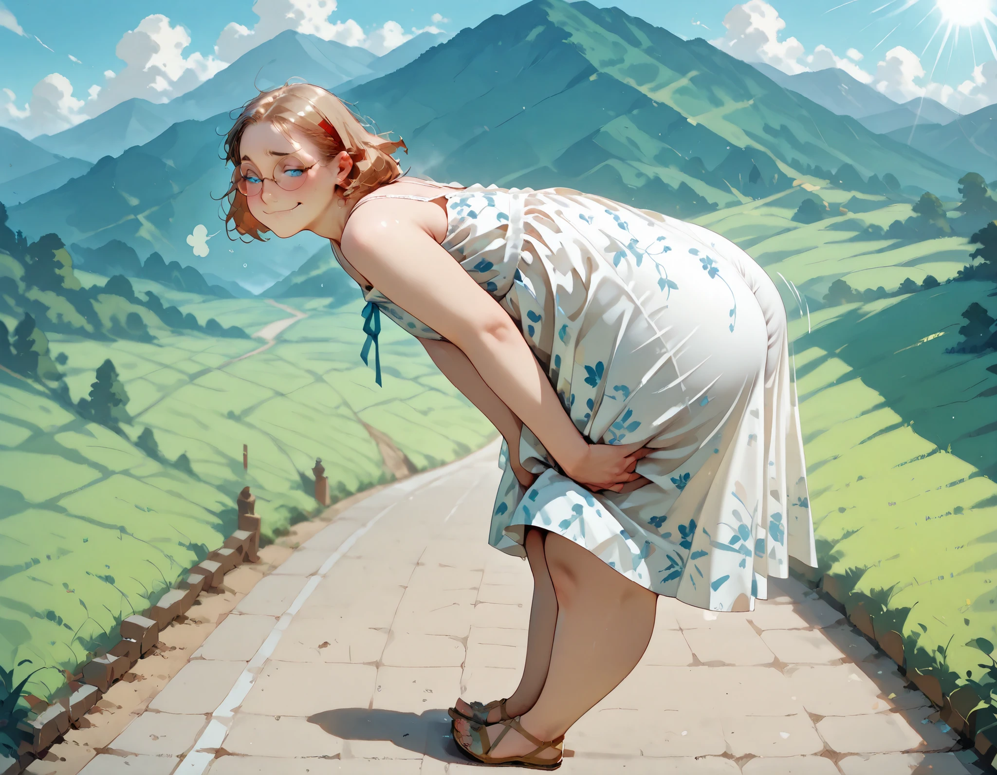 3-panel comic, (1girl, solo:1.1) out of breath, walking down hill, floral sundress, (best quality, masterpiece). from the side, lanscape picture, sunbeams, beautiful landscape, , red face, (smug emotions), (wide infragluteal fold:1.2), () , (pulling her skirt up), (beautiful blue eyes) (), () (, round glasses, (huge ass), bright yellow panties, bttknd
ass
hand grope, groping own ass