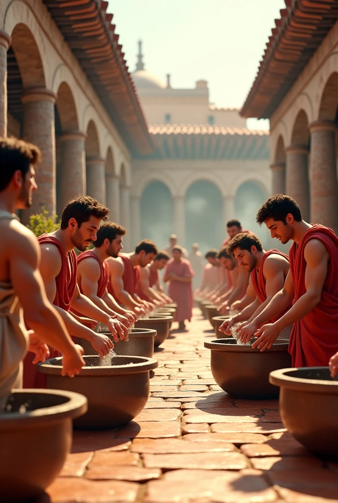 A group of Ancient Greeks with exaggerated expressions and humorously oversized mops made of gold-colored strands, cleaning a marble floor with buckets labeled "100% Pure Urine." The Greeks are smiling as if this is a normal activity, with an air of absurdity. The setting is a grand hall with classical architecture. The text "Golden Mop" is prominently displayed, adding to the humor.