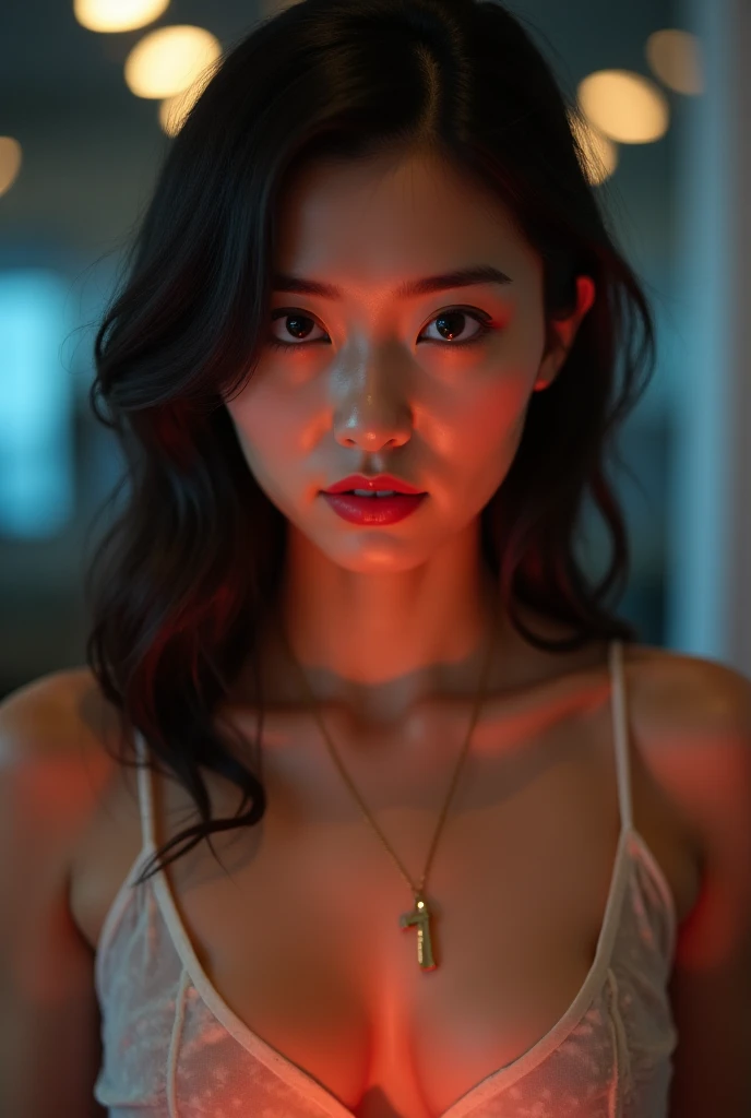 extreme close-up of beautiful korean female, 34 inch breasts size,  wearing black tank top, necklace , holding lantern, in the darkness room, UHD 