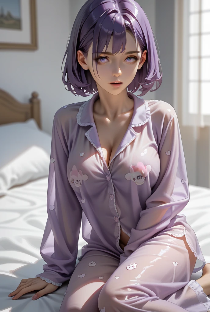 sad This character has vibrant pink short hair and purple eyes., with some delicate flowers stuck on the left side of the hair. And imagine this character with a more sad and thoughtful expression , indicating melancholy or sadness. She would be in her room, possibly sitting in bed or near a window, wearing sensual pajamas that could be looser and made of silk,