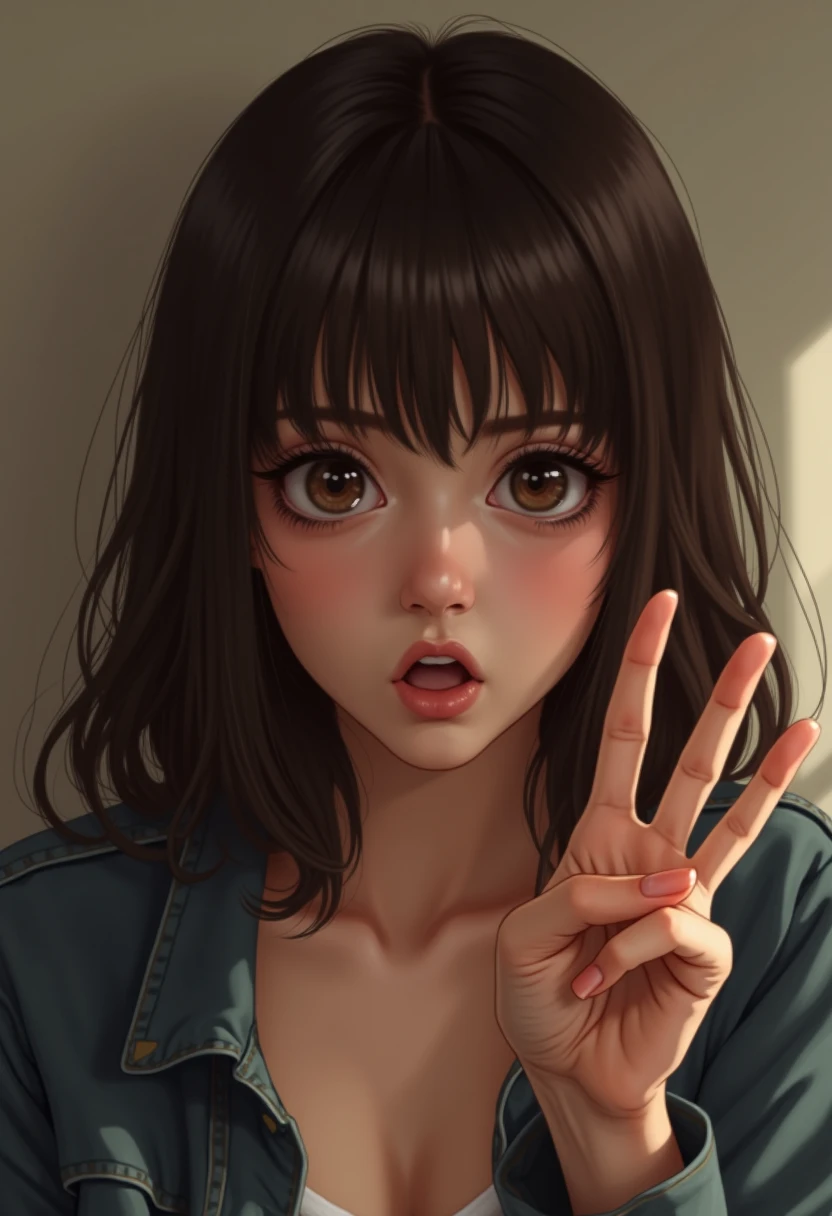 There was a woman taking a selfie with her finger, with index finger, middle finger, With fingers, giving the middle finger, with fingers, chiho, Hand on cheek, Profile image, cute bandaid on nose!!, Gemma Chen, aquiline nose!!, with small nose, with cute - fine - face, low quality grainy
