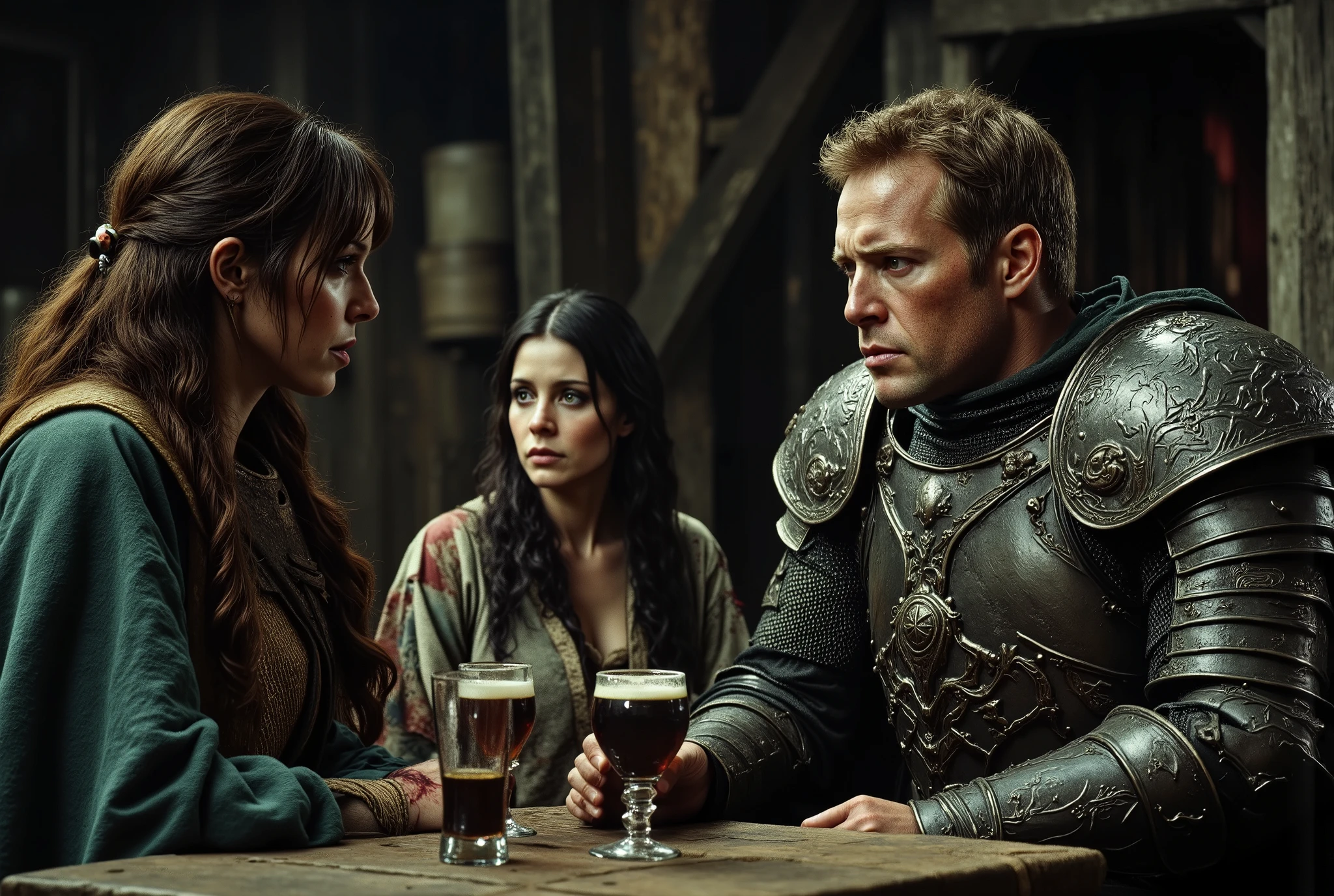A tall female human paladin in darkly etched fullplate armour appears sad and dirty, with short brown hair, white skin, and light green eyes, engaged in deep discussion with an angry muscular male knight while drinking mead in a crowded medieval tavern. Nearby, a short female human mage in patchwork robes, with a bruised face and long black hair, observes the scene, both tired and depressed. The atmosphere is disturbing, liminal, and violent, with a sense of despair.