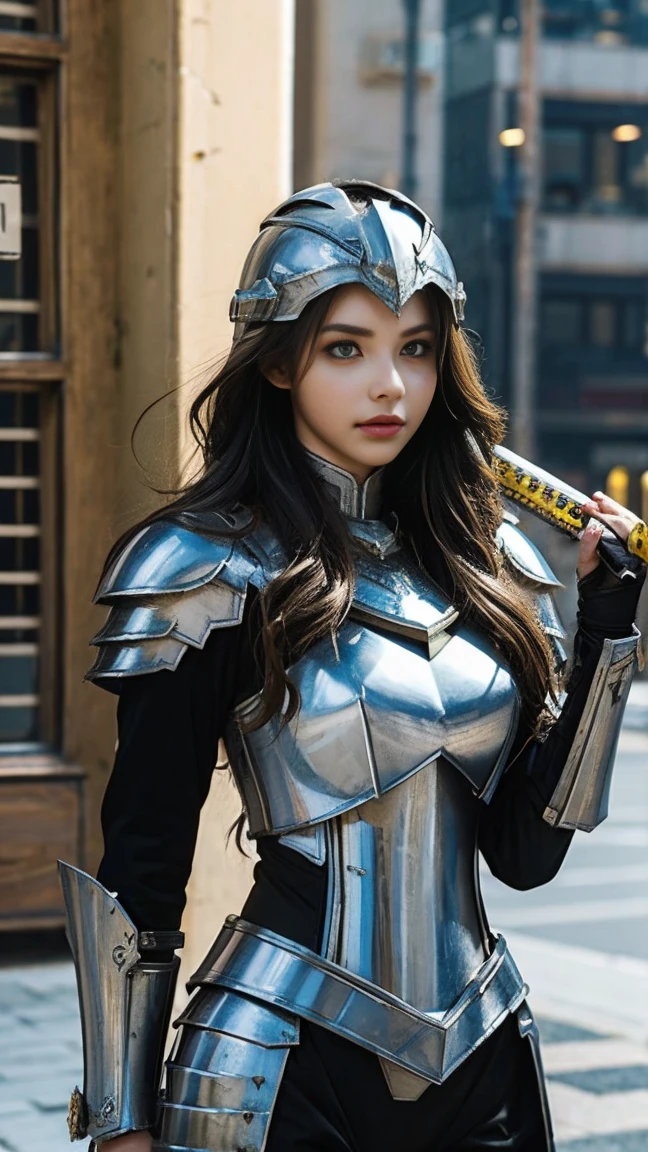Female bronze dragon in human form. Beautiful, wearing bronze hoplite armor and short skirt, holding a sword, shiny bronze hair. In a medieval town.