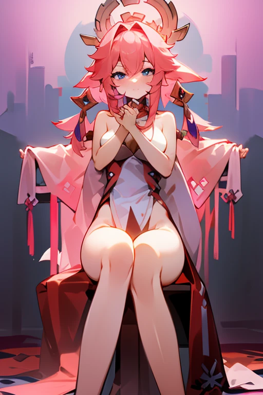 ((masterpiece)), (best quality:1.7), (detailed:1.4), (high res:1.4), 8k, (colorful:1.5), 2d, high resolution, sharped image, 4k, hd, 1girl, (((solo))), yae_miko(genshin impact), pink hair, purple eyes, bare shoulders, full body, medium breasts, bare legs, long sleeves, white dress, city, night, moon, medium breasts, curvy body, large legs, electro fox, nontraditional miko, white sandals, <lora:yaemiko_genshin:0.7>, <lora:thickerLinesanimeStyle:0.5>