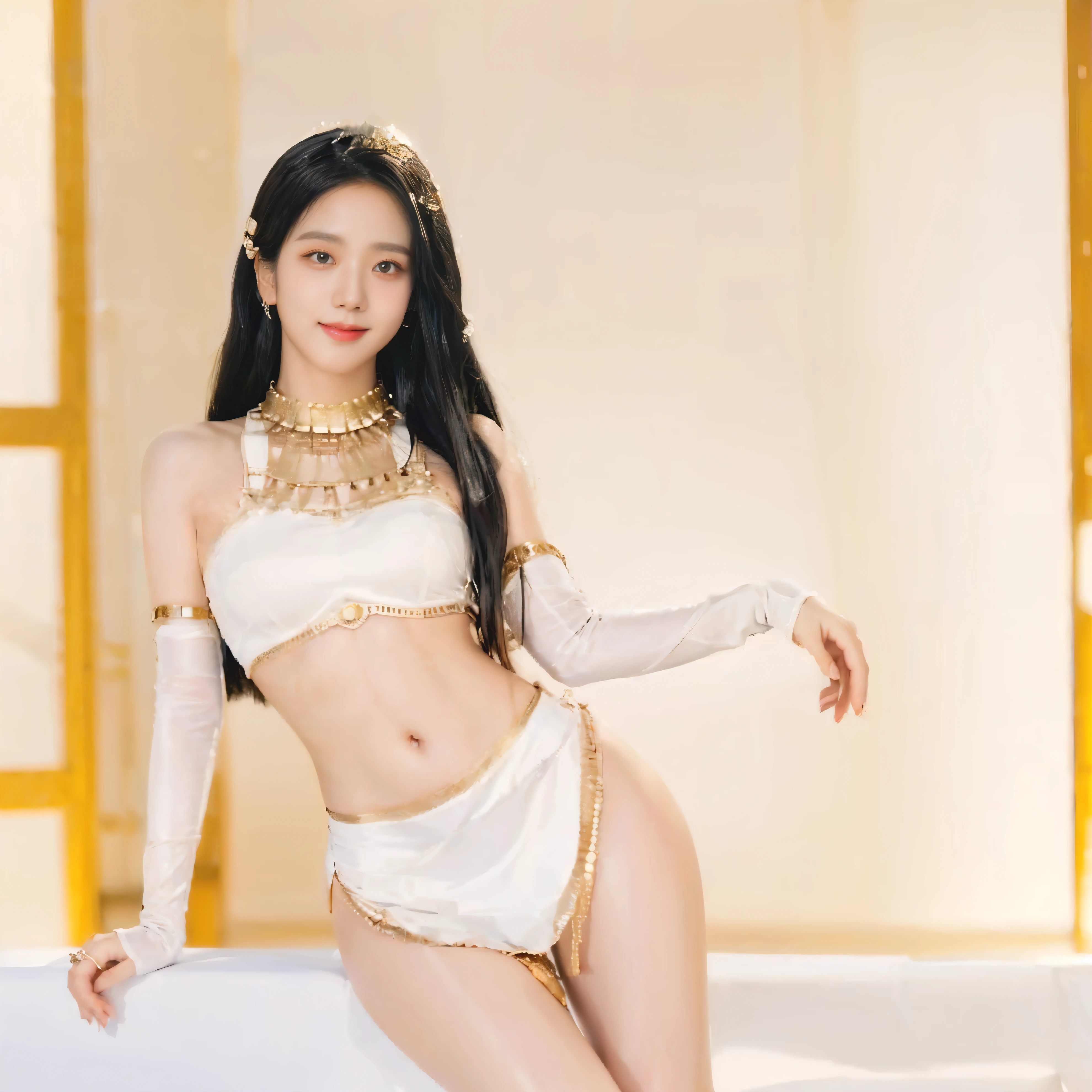 Jisoo, standing, full body view, beautiful thighs, ancient Egyptian dress, transparent white dress, open belly of transparent white fabric with open thighs, gold and jewelry, beautiful butt, big butt, big thighs, beautiful thighs, soft skin, makeup of ancient Egypt, interesting positions, masterpiece, highest resolution, focus on butt, close image, nipples, focus on the lower part of the body, light smile,
