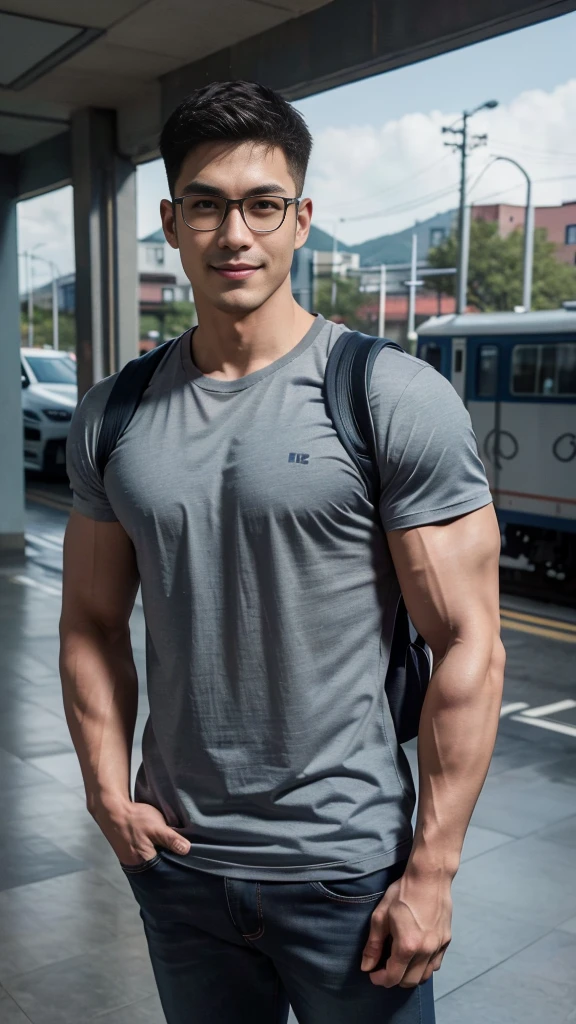 1 man, smile, full body, (Wearing a sexy bikini underwear), standing, shirtless, lifted arms, Korean people , korean men, (high glossy details), chest muscles, large arm muscles, blood vessel, big muscles, Broad shoulders, looking at the audience, Balancing the eyes, (Wear glasses), (Backpack), The background is a beach.