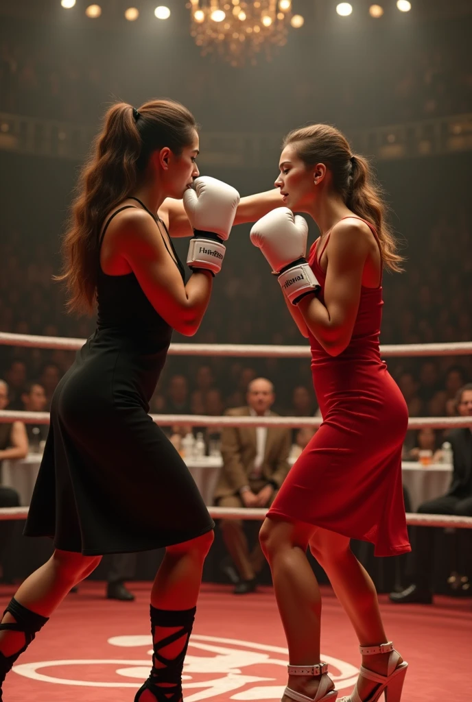 Woman in leather business suit fighting vs another woman in a suit and tie outfit (shirt, tie,vest and suspender) in boxing ring, confident action pose, dramatic powerful pose, powerful stance, in an action pose, dramatic action pose, power pose, aggressive pose, in a fighting pose, in a fighting stance, Powerful Pose, striking a pose, Motivated, cool marketing photo, Wearing a strict business suit, Glamour Action Poses, martial art pose. wearing leather gloves