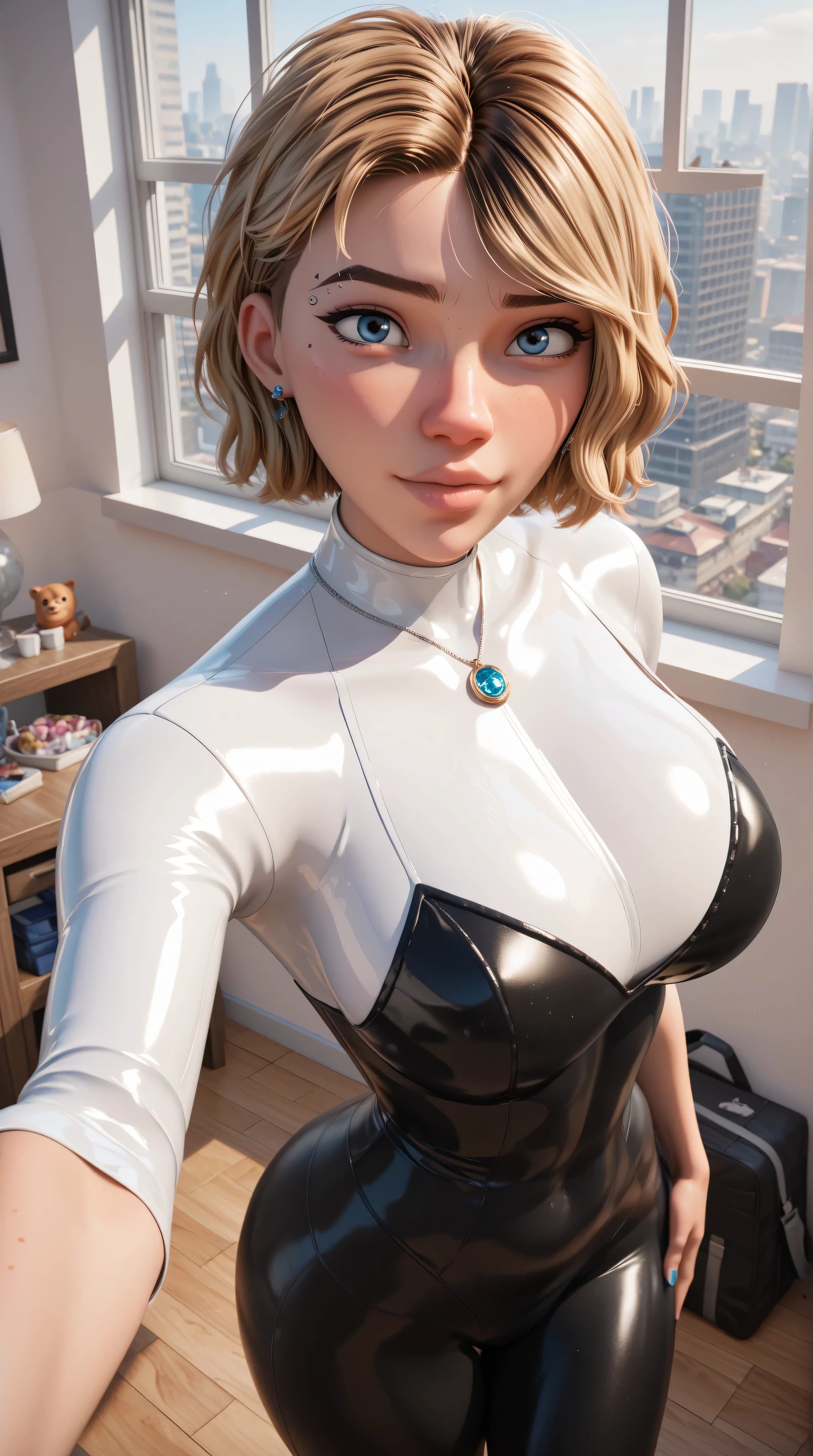 Score_9, Score_8_up, Score_7_up, Score_6_up, Score_5_up, Score_4_up, Source_anime, Tag1, Tag2, Quality_masterpiece, Anatomically correct, Beautiful face, Perfect face, Highly detailed beautiful face and eyes, Attractive face, Detailed face, Delicate facial features, Detailed skin, huge breasts, big butt, young female Seductive, Elegant, Glamor, gwen Stacey, 1girl, solo, 18 year old, pixar, 3d, shiny skin, oily skin, dressed in a revealing full black and white superhero latex suit, standing, taking selfie, pov view, high angle, background gym with window