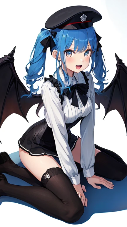 1 girl, long hair, exotic blue skin color, horns, big wings like a bat, spatulate tail, Succubus, daemon, Dress, Textured leather, uhd, uhd, uhd, uhd, award-winning, high detail, simple background, masterpiece, Incredible illustration, sketchy