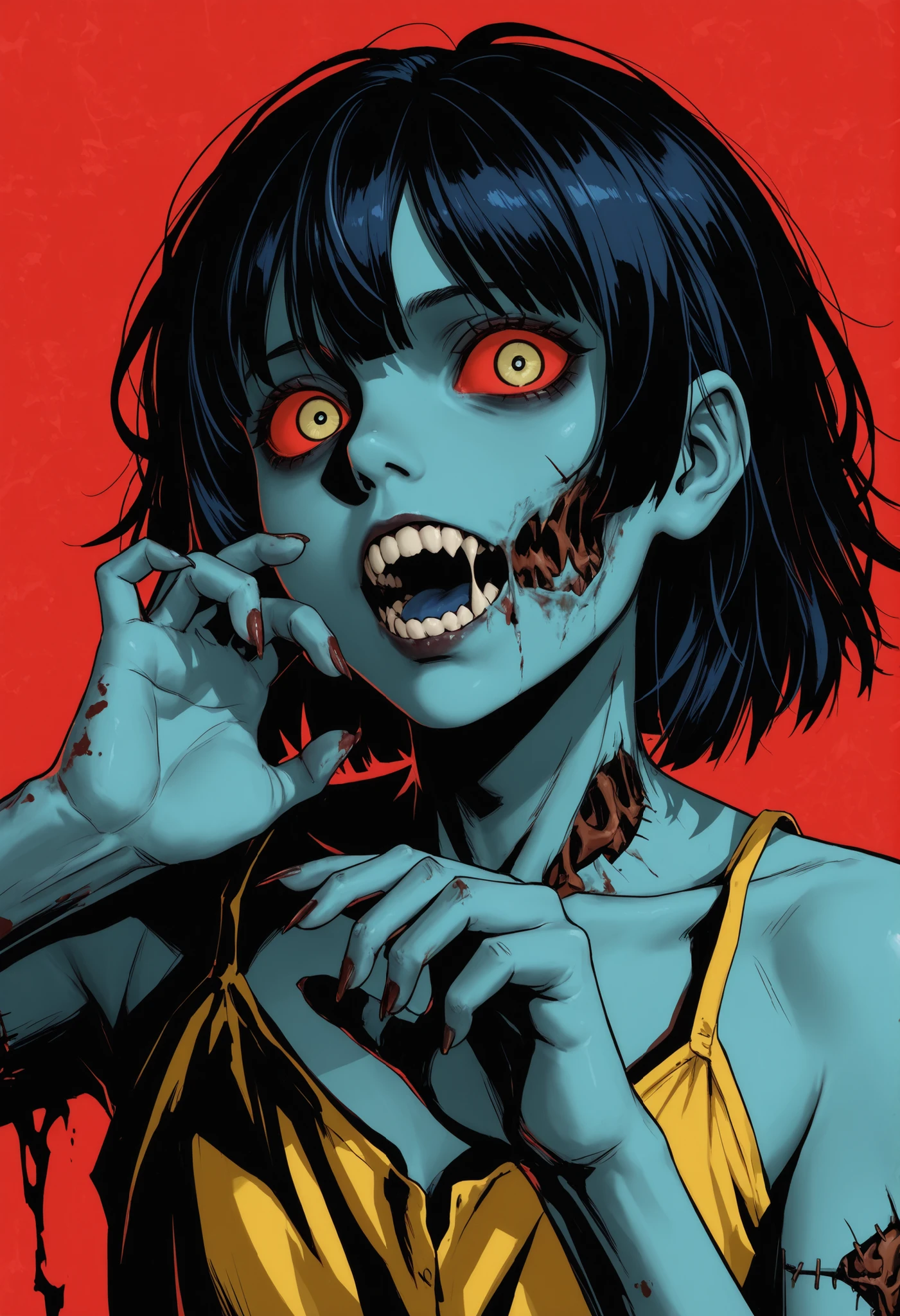 high contrast,red ,blue,yellow,zombie,ojos yellows,a raised arm, bony fingers