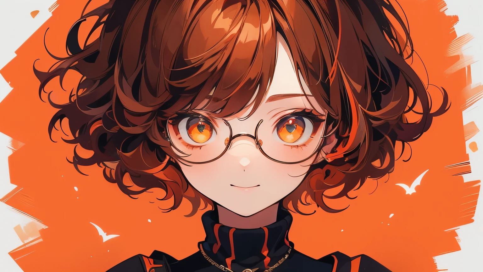 (( Best Quality)), (( masterpiece)), ( details), wallpaper、Very details 、(((Very details な目と顔)))、 masterpiece、 Best Quality、 To details、glasses、 Movement angle 、 bright color、smile、 short hair、red mesh on brown hair 、Curly hair 、 black and orange turtleneck on brown hair color、 Beautiful Eyes, has a white background
