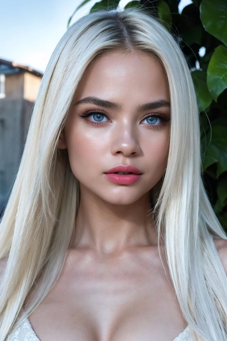 Young woman, fluffy, White hair, looking at the camera,