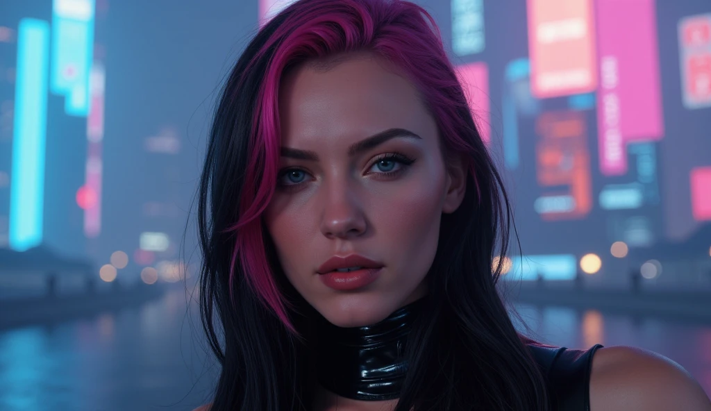 Cyber punk, swedish,  purple, blond, mohawk,  uneven bob hair, tight short turtle neck shirt, high heels, big , firm, heavy makeup, flirting, lace, intricent details, red, happy, 4
