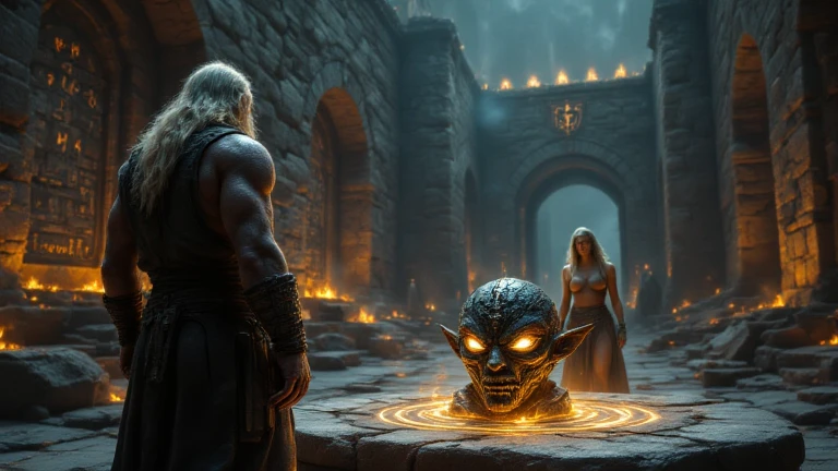 "What have I summoned?"; BREAK A (photorealistic masterpiece) (highly detailed faces, fantasy illustrations with gothic, with muted colors), BREAK (this is a "wizard's tower" with distant lights glittering and filled with ancient tomes, chains, magical reagents, glasses and jars and a ((glowing magic circle on the floor)). Candlelight light illuminates the cobbled stone floor and walls); BREAK (Dark Elf sorceress: a beautiful young diminutive Dark Elf woman with (elf ears), white hair, delicate features, dark gray skin, and lavender eyes); ((raising her arms and hands in horror)), wearing ((sleeveless)) scantily clad bikini-armor, seductive, mesmerizing, (bare legs), (bare arms), (bare shoulders), (bare midriff), jewelry, ((chained as a sacrificial victim and sprawled on the ground in horror)), (Dark Elf Sorceress is facing the viewer) arcane magic is woven around, summoning a DEMON from the Abyss, BREAK (Demon: a tall incubus red-skinned man, loincloth, half-naked, muscular) and (wispy apparation:1.3), with ((demon standing with his back to the viewer and standing on a magic circle)), BREAK, reminiscent of Luis Vallejo
