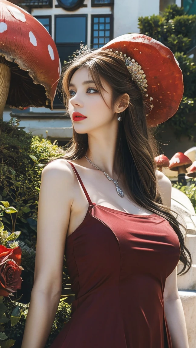 ((best quality, 8K, masterpiece :1.3)), sharp focus :1.2, Beautiful woman with perfect body :1.4, slim abs :1.2, ((big bust, emphasize division:1.3)), (Photorealistic:1.4), (realistic:1.4), Highly detailed face and skin texture, fine particles, double eyelid. makeup face. A little lipstick, Luxury hotel bedroom in the background, necklace, earring, Sex appeal, sexy etching pose, ((woman in red summer dress、She is smiling happily and striking a sexy pose while enjoying a picnic with her friends in the garden...。Blonde wavy hair is swaying gracefully。:1.3)