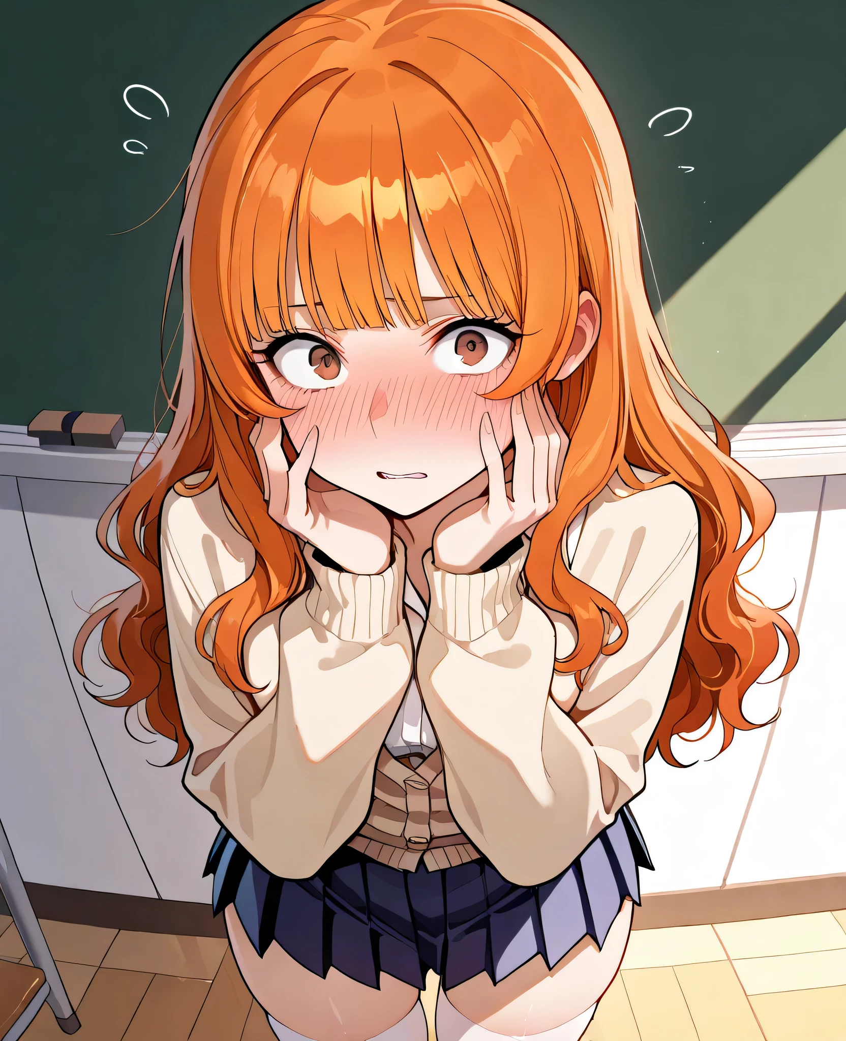 1girl, 20 years old, beautiful, orange hair, slightly wavy hair, straight bangs, hair length to shoulder blades, brown eyes, small hips, slightly plump thighs, narrow waist, small breasts, neat face, small blush, detailed image, detailed body, detailed location, location: classroom, clothes: white button shirt underneath oversized beige cardigan with long sleeves covering half of palm, pleated dark blue skirt, white stockings, small clip on bangs, shocked, embarrassed, time: evening, pose: standing, shy, looking at viewer, looks into the eyes, front view, head tilted side, hands up, hands on cheeks, hips to side, full face blush, from above, flustered, solo, parted lips, confused