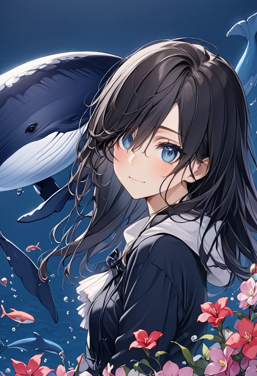 anime、A woman in her 20s with dark hair、My eyes are cherry colored、Background Higan Flower 、Whales swim