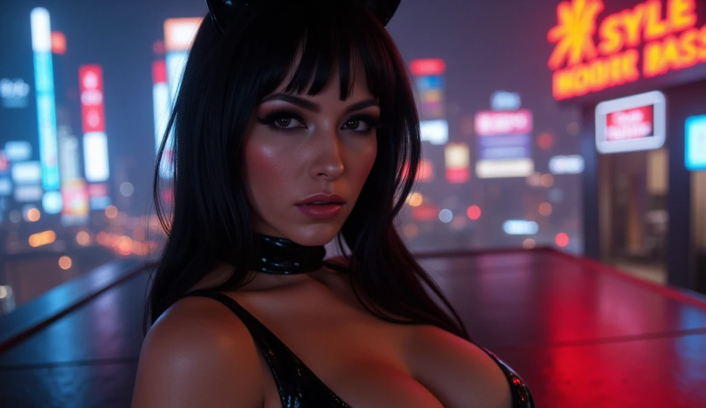 A woman in a cheongsam,kneels on the ground,black lence stockings,Bigchest,European and American model,cyber punk perssonage,seductive
