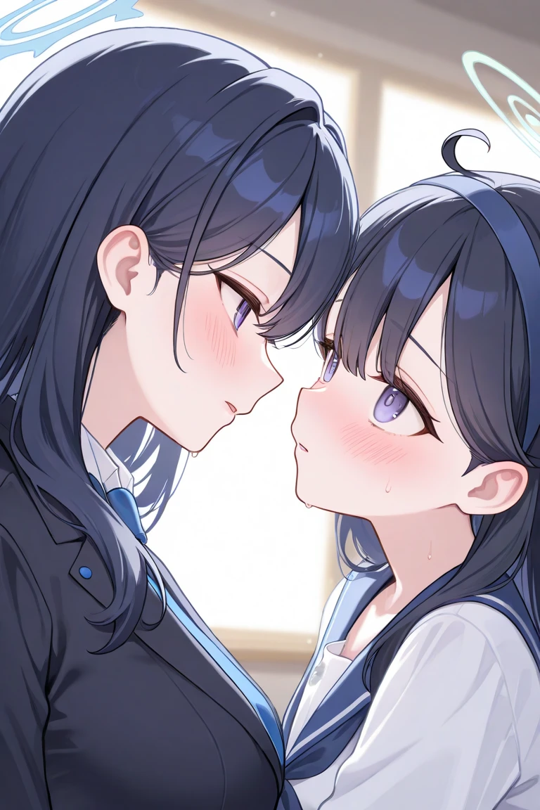 Two girls,Affectionate hugs,Confronting each other,Interactive kisses,Eyes meet。
