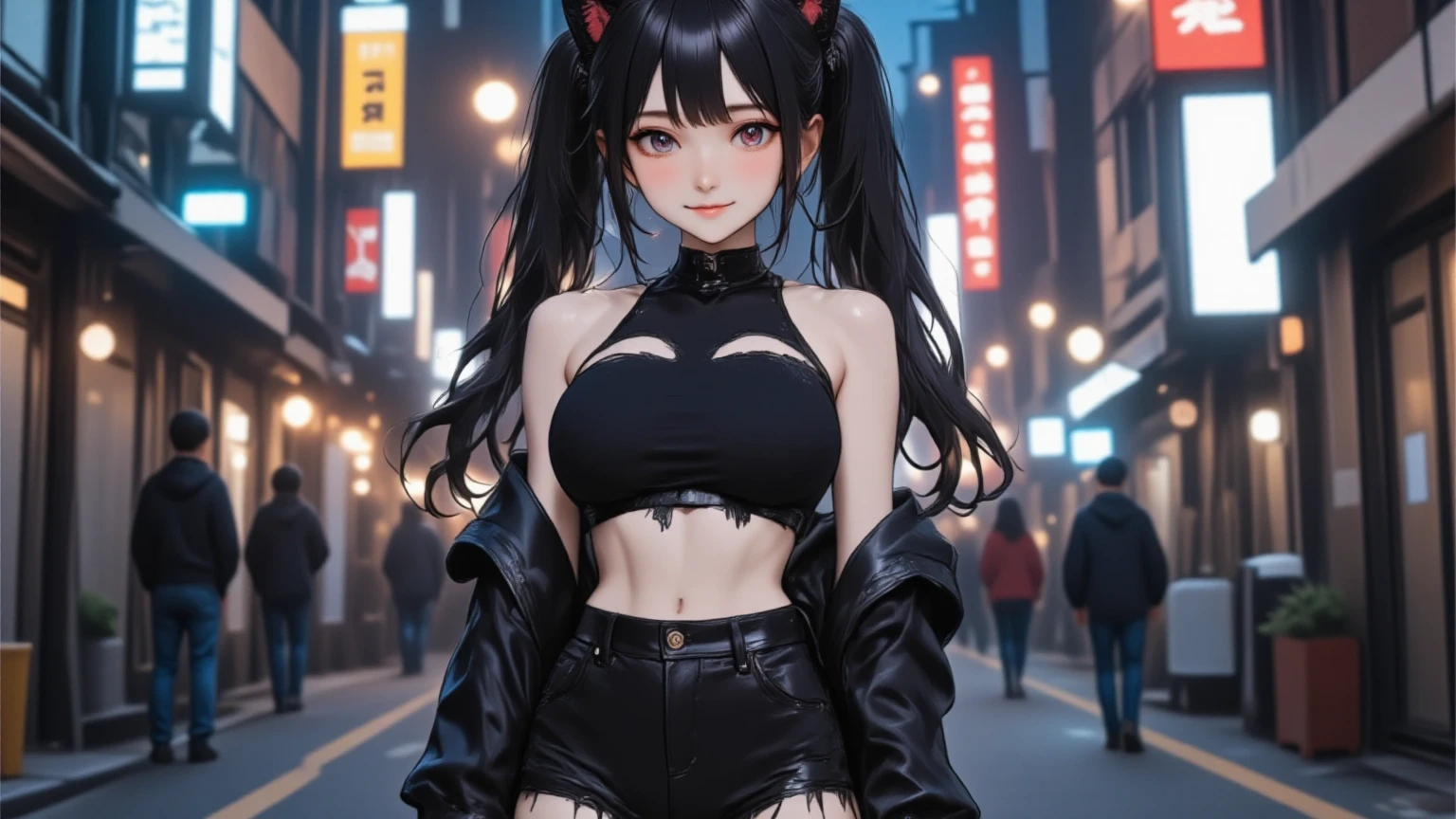 ((Obra maestra)), mejor calidad, absurdo, ultra detallado, holographic, tiro de vaquero, golden ratio, super cute girl, chica madura, idol girl, Super beautiful Asian girl with very beautiful bright red eyes., hermoso cabello negro brillante, orejas de gato,  cuerpo bonito y sexy, cuerpo delgado, cuerpo perfecto, wearing a super tight anime print leotard, A super tight off shoulder long sleeve crop top with anime print, A super aesthetic transparent mini jacket, hermoso adorno para el cabello, tenis jordan rosa, siendo fotografiado en una tienda del centro comercial,