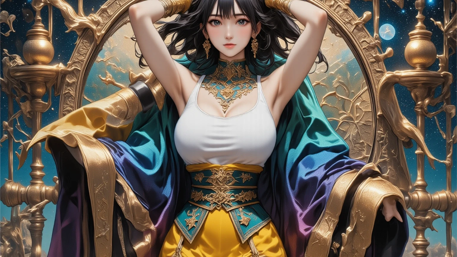 (masterpiece, top quality, best quality, official art, beautiful and aesthetic:1.2),
A lone girl stood before a spectacular work of art, her eyes wide with admiration,
(extreme detailed), (fractal art:1.3),
The intricate patterns and colors of the fractal artwork surrounded her, each line and curve meticulously crafted.
Colorful swirls and geometric shapes merged seamlessly, creating a breathtaking piece that captured the essence of abstract beauty.
(highest detailed),
Every tiny detail was rendered with precision, inviting viewers to explore the depths of the art and lose themselves in its intricacies.