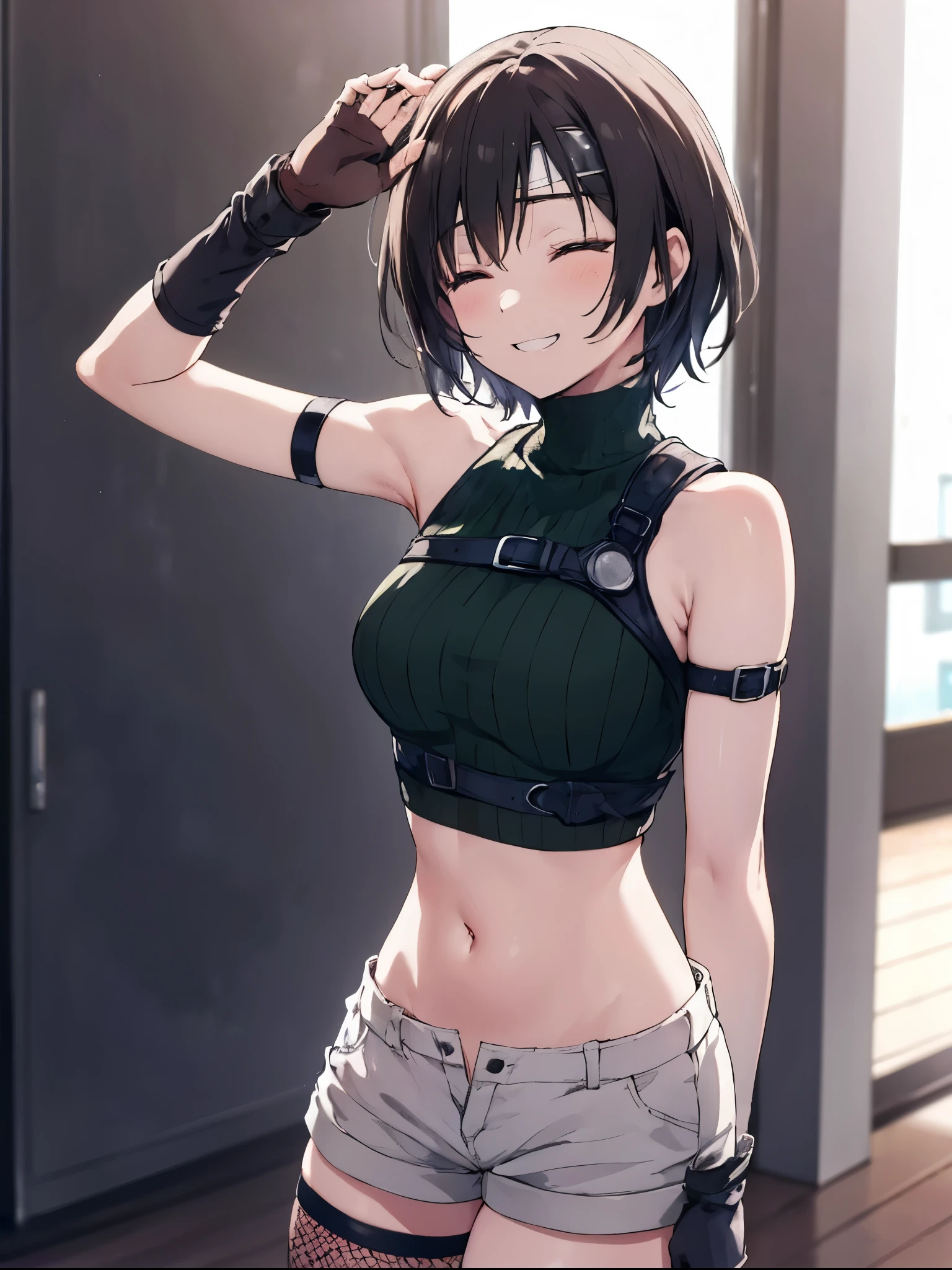 (masterpiece, 8K Anime, High resolution, Anime Gloss, retro art style, Clean brush strokes, very detailed, perfect anatomy, NSFW), (yuffie kisaragi, alone), (haircut, pixie cut), (huge breasts:1.1), (壊す crop top, fingerless gloves, Fishnet tights Thighhighs, Fishnet tights, forehead protector, gloves, head band, belly button, short shorts, shorts, single sleeve, single thigh high, sleeveless, sleeveless turtleneck, Thighhighs, turtleneck), smile, blush,