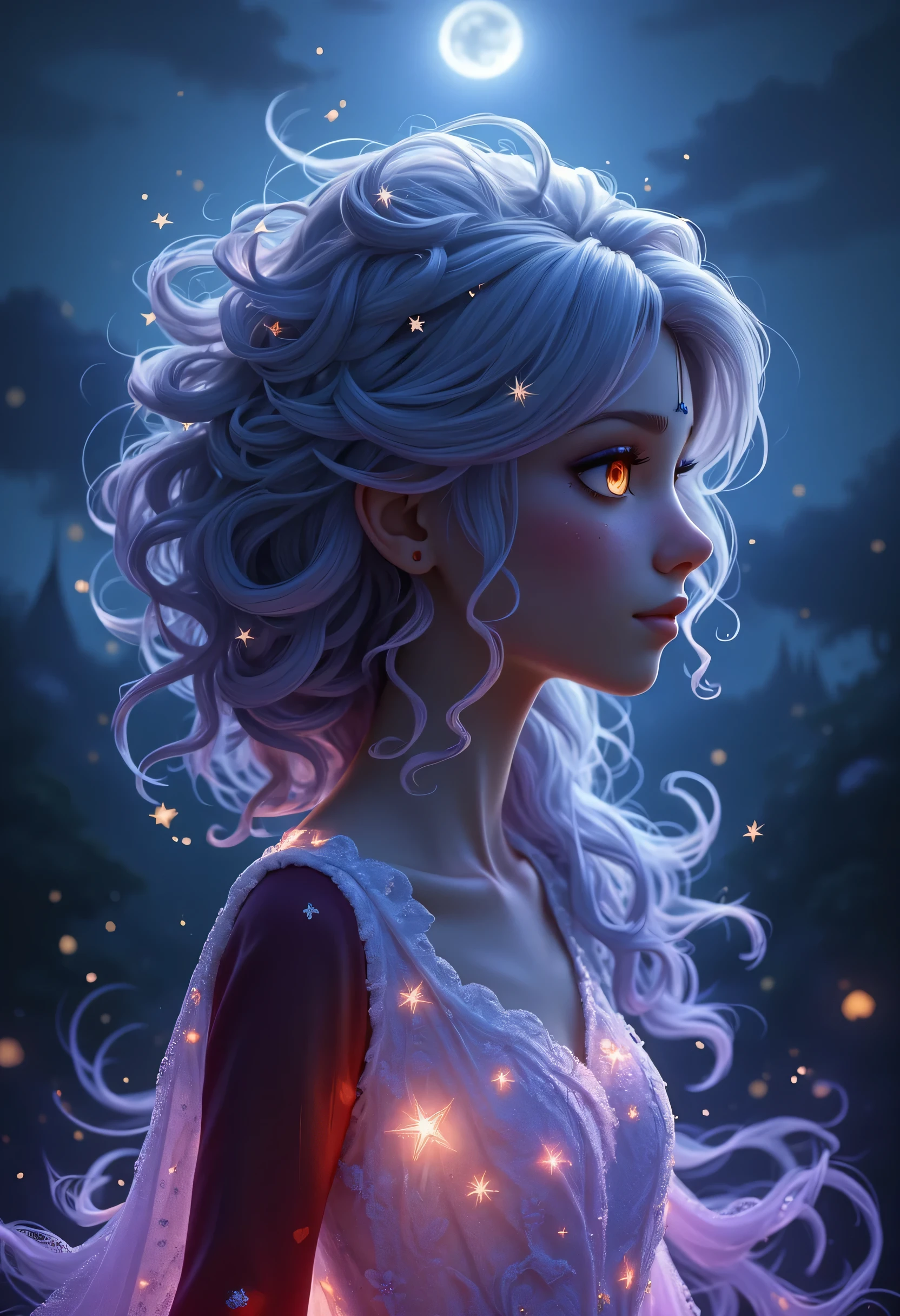 a picture of woman wearing transluminescent dress, black silk dress, intricate dress, transluminescent dress, transparent dress, red sleeves, epic beautiful woman, divine beauty, serene beauty, lush hair, long hair, stars entwined in the woman's hair, fantasy art, night time, the moon rises, creating  a silhouette, 