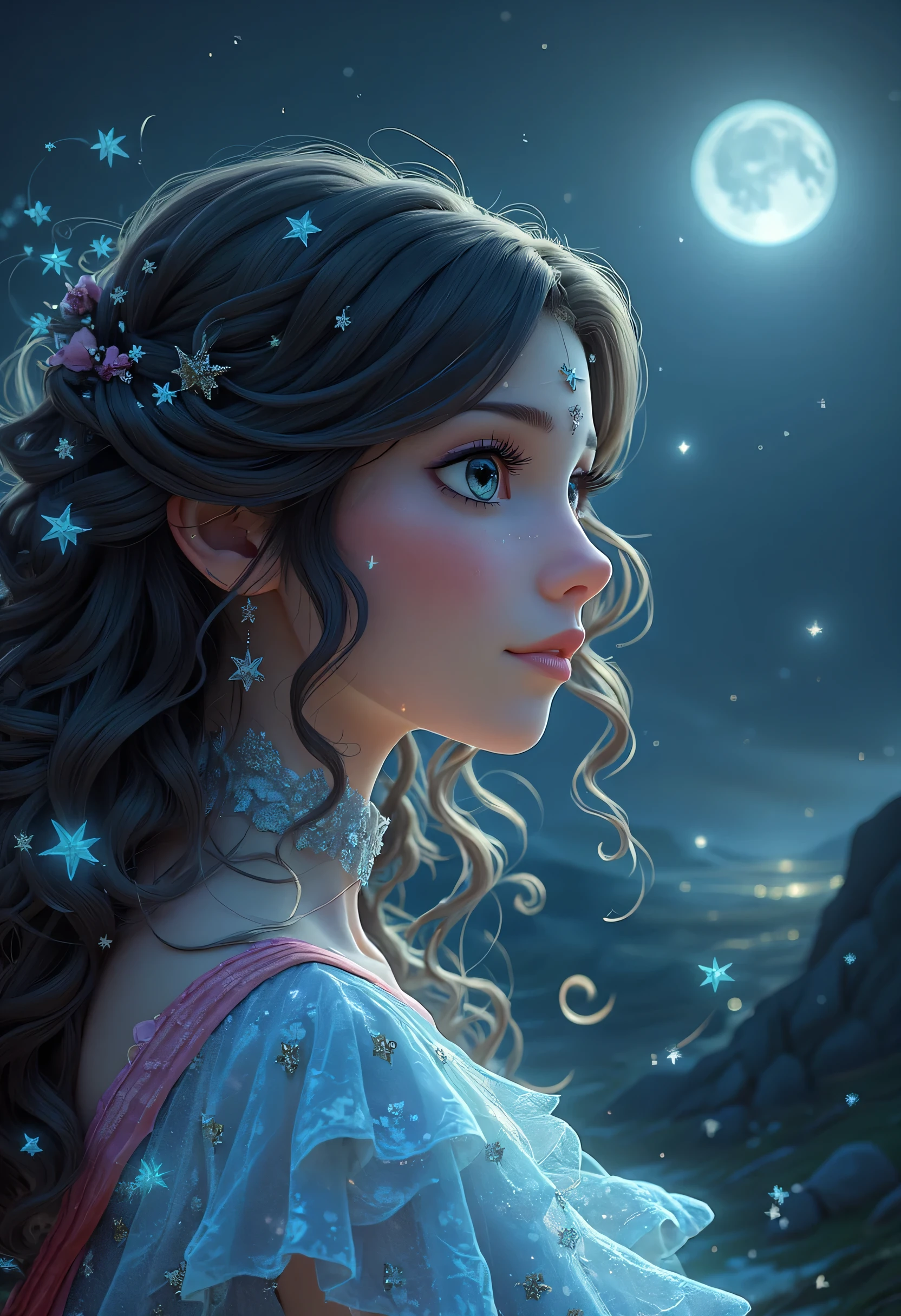 a picture of woman wearing transluminescent dress, black silk dress, intricate dress, transluminescent dress, transparent dress, red sleeves, epic beautiful woman, divine beauty, serene beauty, lush hair, long hair, stars entwined in the woman's hair, fantasy art, night time, the moon rises, creating a silhouette,