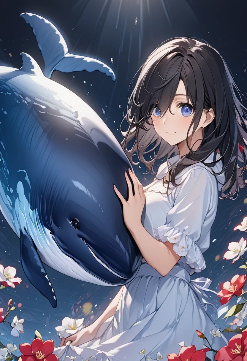 anime、A woman in her 20s with dark hair、My eyes are cherry colored、Background Higan Flower 、Shining whale