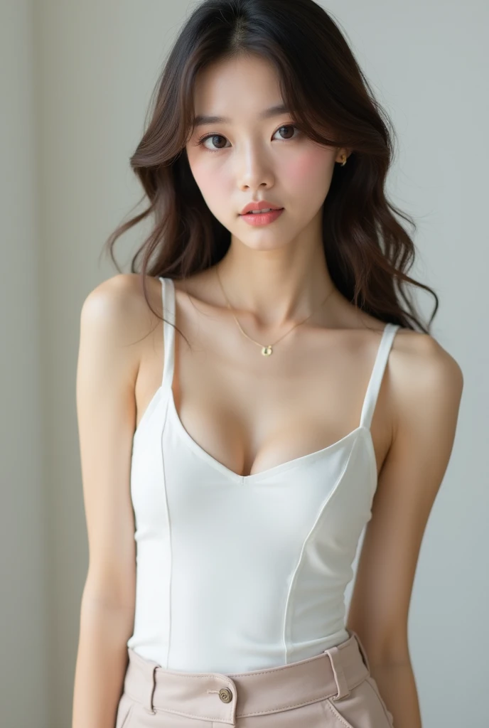 1girl, woman, masterpiece, best quality, highest quality, cinematic lighting, (volumetric lighting), extremely detailed CG unity 8k wallpaper, focused, 8k wallpaper, extremely detailed, ultra realistic, photorealistic, sharp focus, absurdres, (HDR:1.2), (high contrast), photograph, detailed and intricate, instagram, portrait, highly detailed, digital painting, artstation, concept art, smooth, sharp focus, illustration, cinematic lighting, natural big breast, (whole body:1.2), knit strap tank top, (sitting on a bench), thighs, , (full body), looking at the viewer.