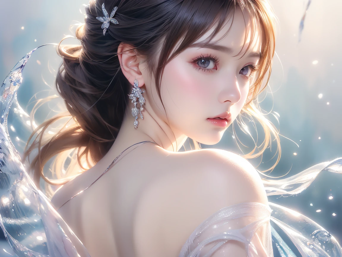 Best quality,tmasterpiece,A high resolution,CG, 1girll,arma,The sword,long whitr hair,shift dresses,Eau,(Temptation 1.5),独奏,jewely,white dresses,耳Nipple Ring,hair adornments,spatter,The upper part of the body,hair-bun,brunette color hair, illuminating,Frankness,photore,A high resolution,16K,Bokeh,(Depth of field 0.5),high detal