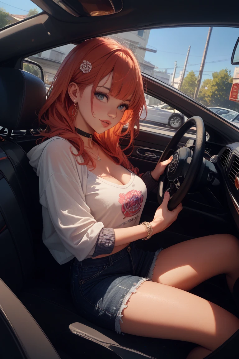 unifrom, open shirts, seductive look, girl cums out, 1 girl and 1 boy, girl put boy's penis into her pussy, girl having a sex with boy, , can see girl's bare breast and pussy, no underwear, no bra, no panties, girl sitting on boy's body, girl open legs, k-pop idol face, very large breast, long hair, in the car, winter background, cosplay, red hair, twintails