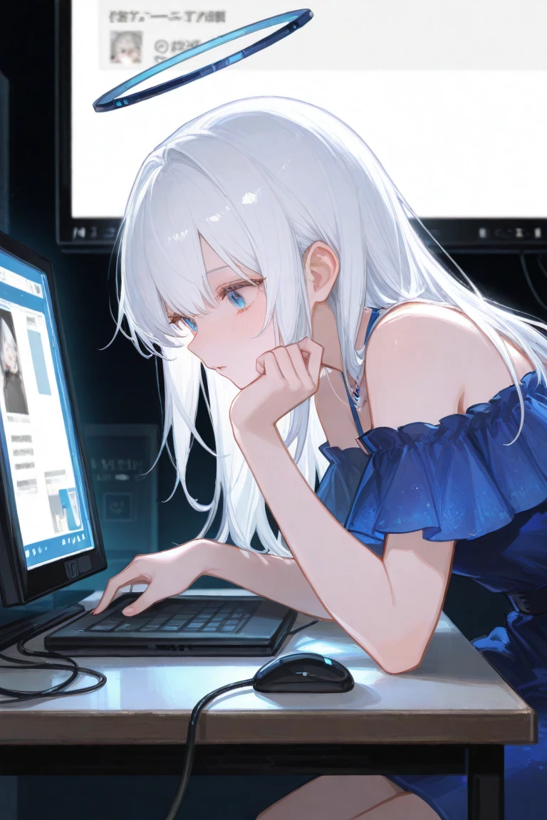 ((Highest quality)), ((masterpiece)), (detailed), A girl with long silver hair and a diagonal parting,19 years old,Smirking face,Golden Eyes,Straight Hair,Diamond shaped hair clip,Face tattoo,From above,Black off-the-shoulder,Summer vacation,Enjoy,Private room,Summer Light,computer,Windows,Blue Screen,Surfing the net,Social withdrawal,Air conditioner wind,comfortable,Cyberspace,hacking,