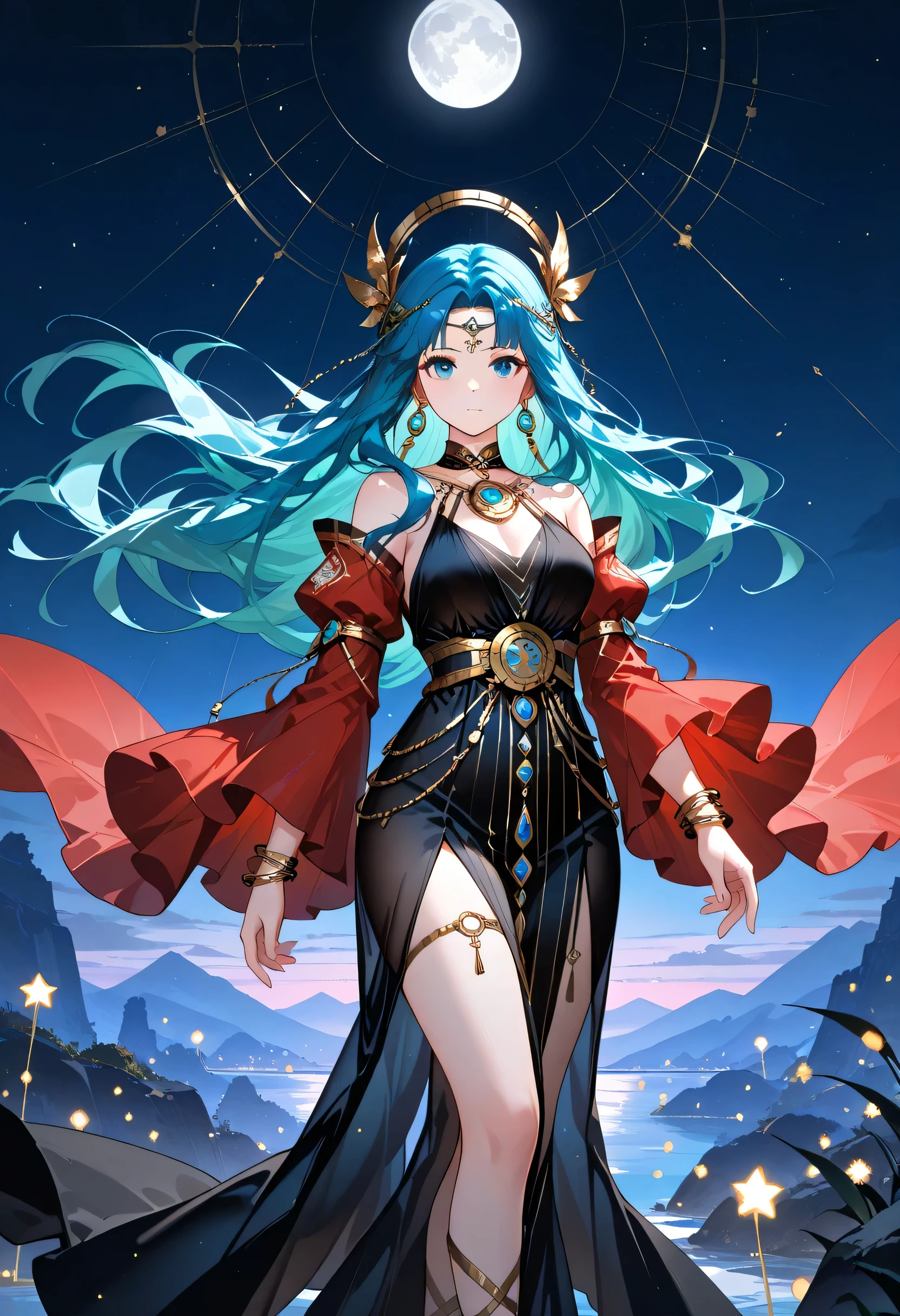 a picture of an epic beautiful woman, divine beauty, wearing transluminescent dress, black silk dress, intricate dress, transluminescent dress, transparent dress, red sleeves, epic beautiful woman, divine beauty, serene beauty, lush hair, long hair, stars entwined in the woman's hair, light caress the woman, moon light caress the dress, fantasy art, night time, the moon rises, creating a silhouette, Cinematic shot, LOAsuccXL, ace up stilettos