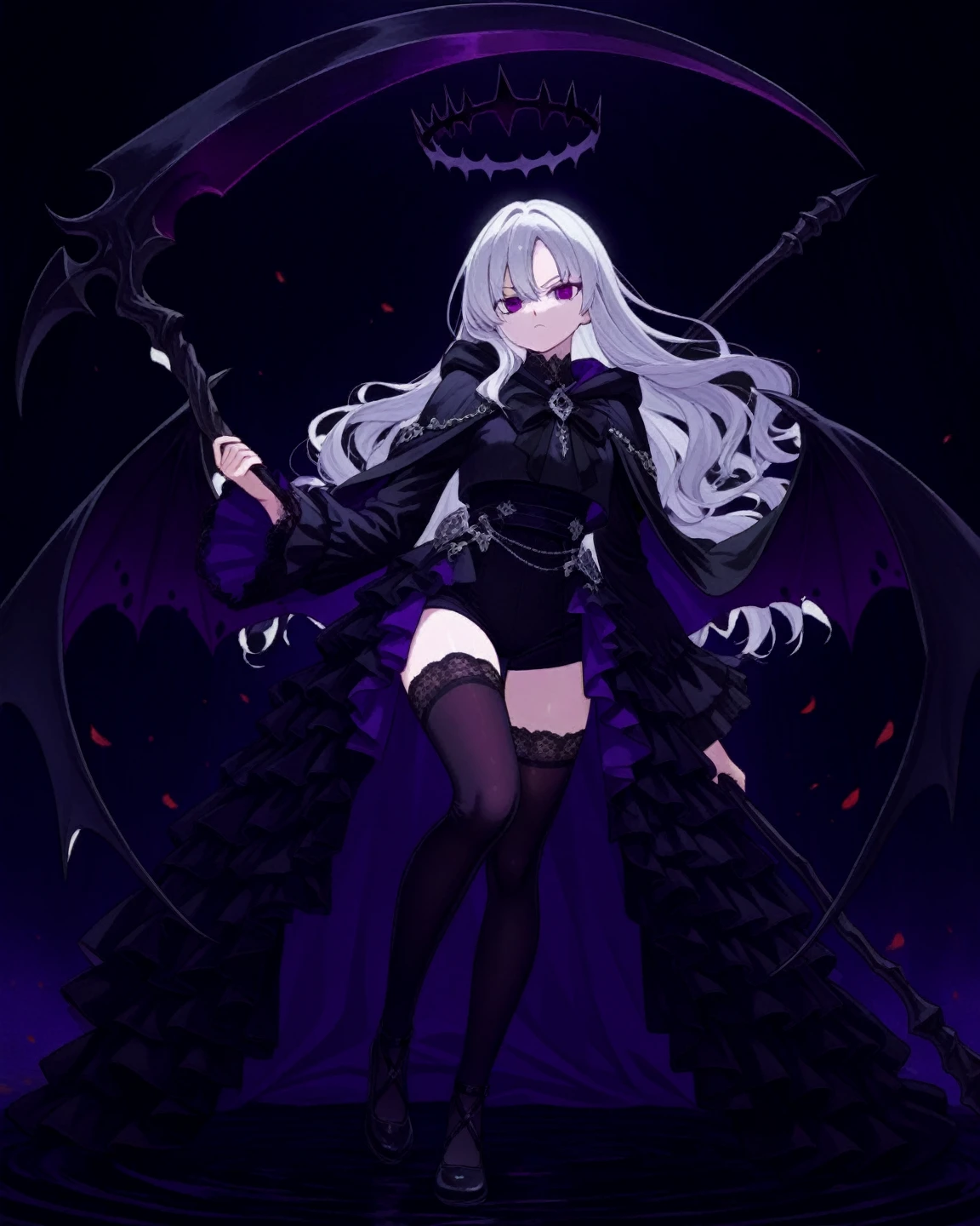 White aura, grey eyes, black hood, black cape, long sleeves, black panties, black sarashi, crazy, sharp stare, holding scythe, evil, short, black background, tight clothing, , glowing aura, glowing white, white effects, glowing white effects, gray hair, long hair, no chest, white antlers, dark aura, scythe in hand, scythe, young, little, thong, sarashi on chest, cape behind back, insane, psycho, psychotic, villain, kuudere, serious, death stare, death glare, glare, squinted eyes