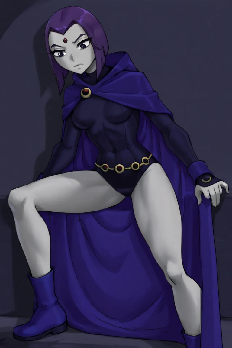 (solo:1.1),(masterpiece), (best quality:1.3), ultra detailed, intricate, (nice hands:1.4), professional art, digital art, absurdres, shadraven, (Full body view:1.1), 1girl, solo, (grey skin:1.4), dark purple hair, bob hair, purple eyes, hips wider than shoulders, pear shaped body, jewellery, detailed thighs, thick thighs, red jewel in forehead, jewels, (long sleeved turtleneck leotard:1.3), cuffs, small breasts, (shadraven cloak), (Shadraven broach:1.2), Shadraven jewel belt, Shadraven wearing a long sleeved leotard, long legs, ( long crotch bulge:1.4), large penis, large testicles, side view, looking at viewer, bubble butt , gluteal crease, universal lighting,,