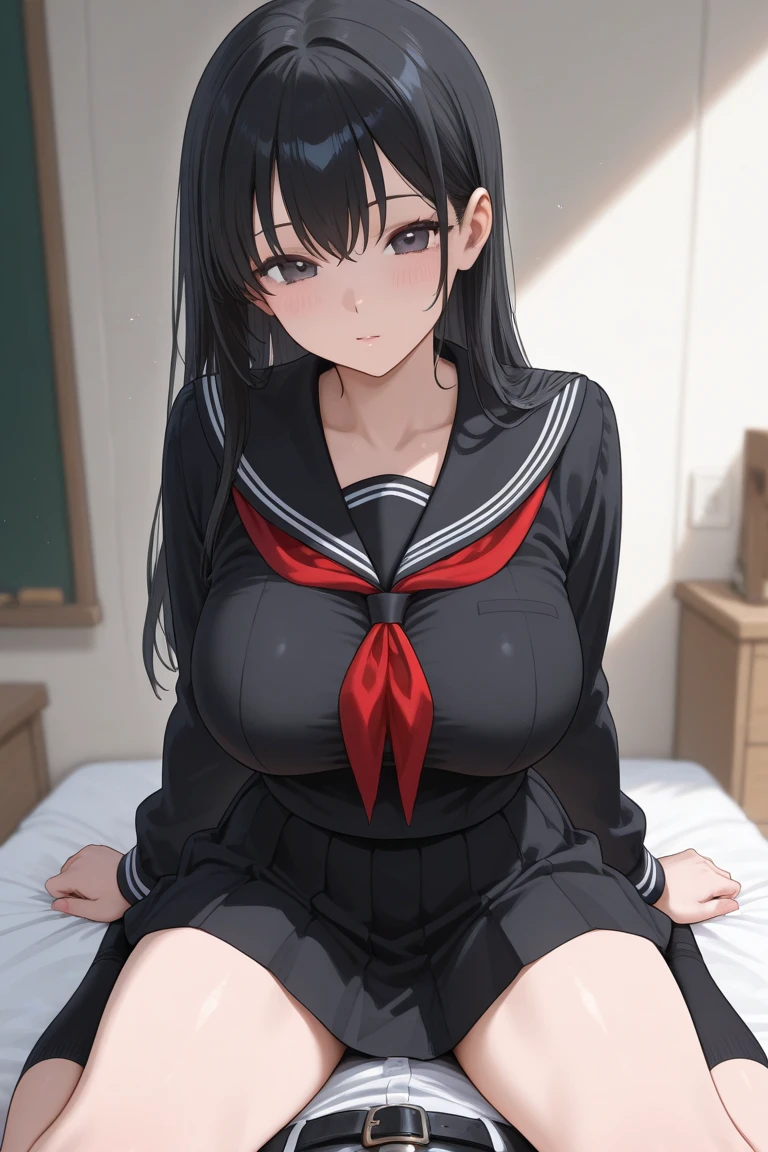 highest quality、High resolution、detailed background、beautiful and detailed face、beautiful and smooth skin、skin texture、professional lighting、Beautiful age girl、(huge breasts:1.2)、cute sailor suit or uniform、Pleated mini skirt with tartan plaid pattern、side pony、ponytail、cute hairstyle、ニーhigh socks、high socks、can'It's me so I don't move'I'm shackled in a hotel bed.、fixed to bed、
scared with a scary expression、is scared、A face like that'Looks like I'm going to cry、sexual expression、underboob、panty shot