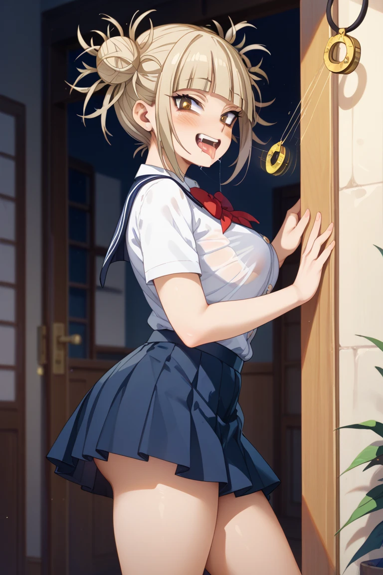 (8K、Highest image quality、highest quality、masterpiece)、detailed face、1 girl、gyaru、yellow hair、side ponytail、golden eyes、evil smile、((grin))、small breasts、((white shirt))、short sleeve、((cleavage))、((black pleated skirt))、((miniskirt))、((bent over:1.5))、((pose panty pull))、cowboy shot、Gym storeroom