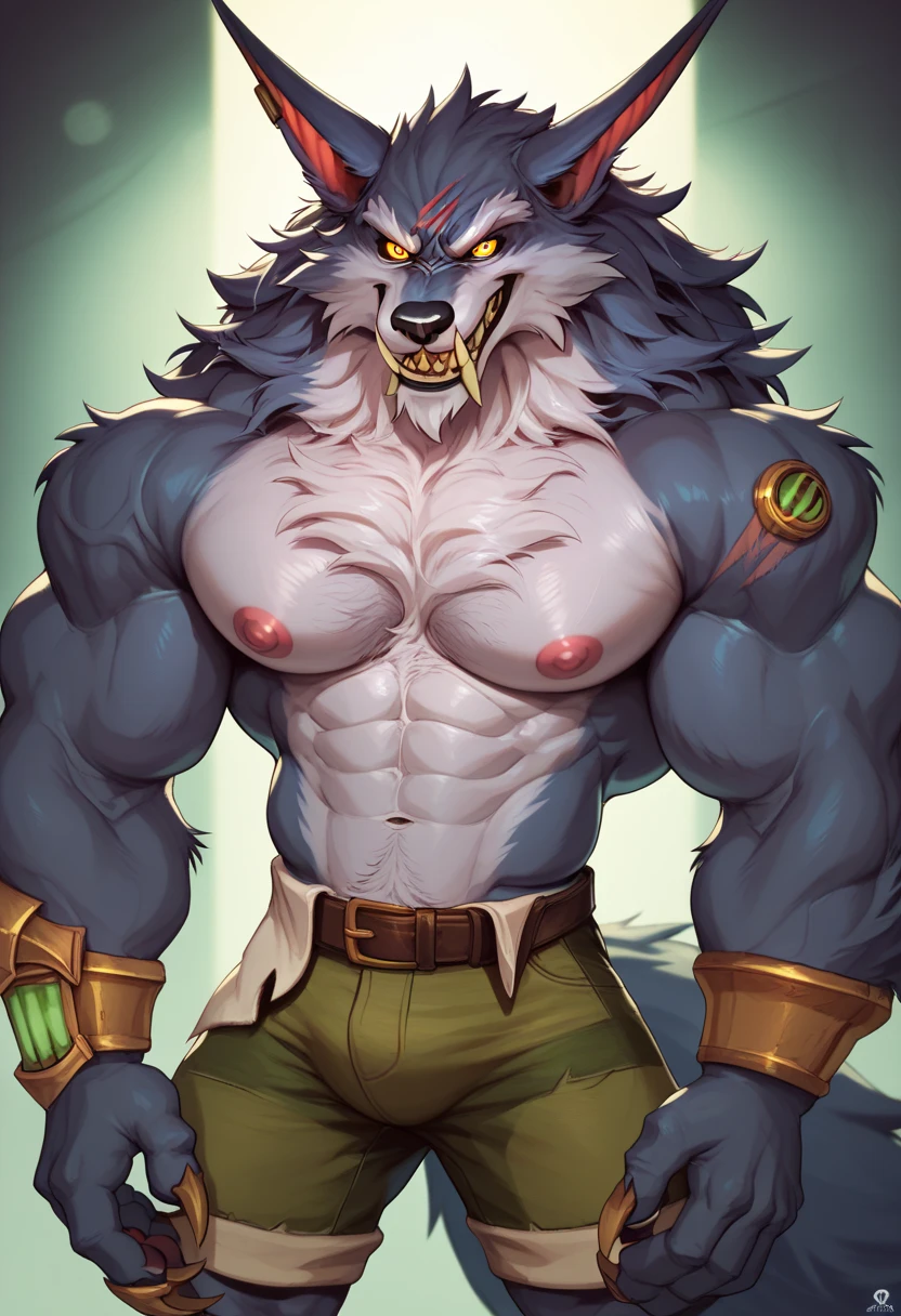 Anthro wolf male warrior, concept art, solo, strong eyes, , hi res, masterpiece, absurd res, 2023, extreme detail, abs, pecs, dark nipples, naked, big dick, veiny dick, precum on dick, precum on chest, big balls, by taran fiddler, fighting pose, hair