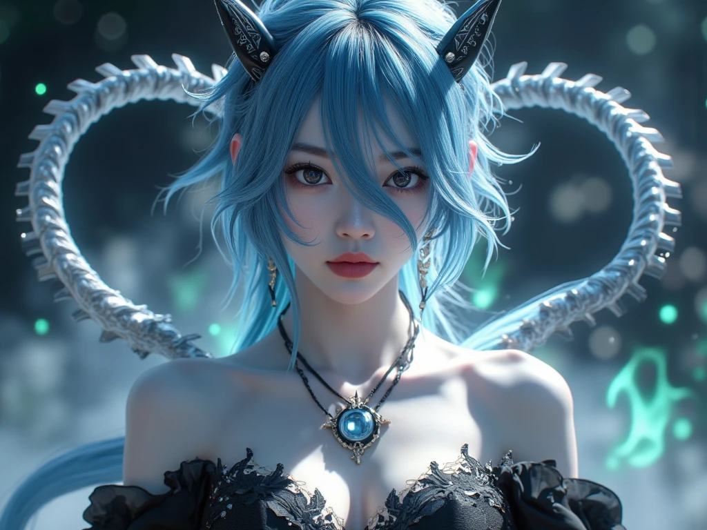 Anime 3D style, hyper-realistic oil painting, delicate features, handsome girl, dopamine outfit, wearing headphones, facial lighting, facing the camera, medium close-up standing, octane rendering, ray tracing, depth of field, super details. Xiaolongnu is wearing a crystal clear blue dress and has long ice-blue hair. She is at the bottom of the sea, with a fierce blue dragon behind her, a , cold eyes, close-up, CG animation, highest quality, masterpiece, exquisite CG, hyper-realism