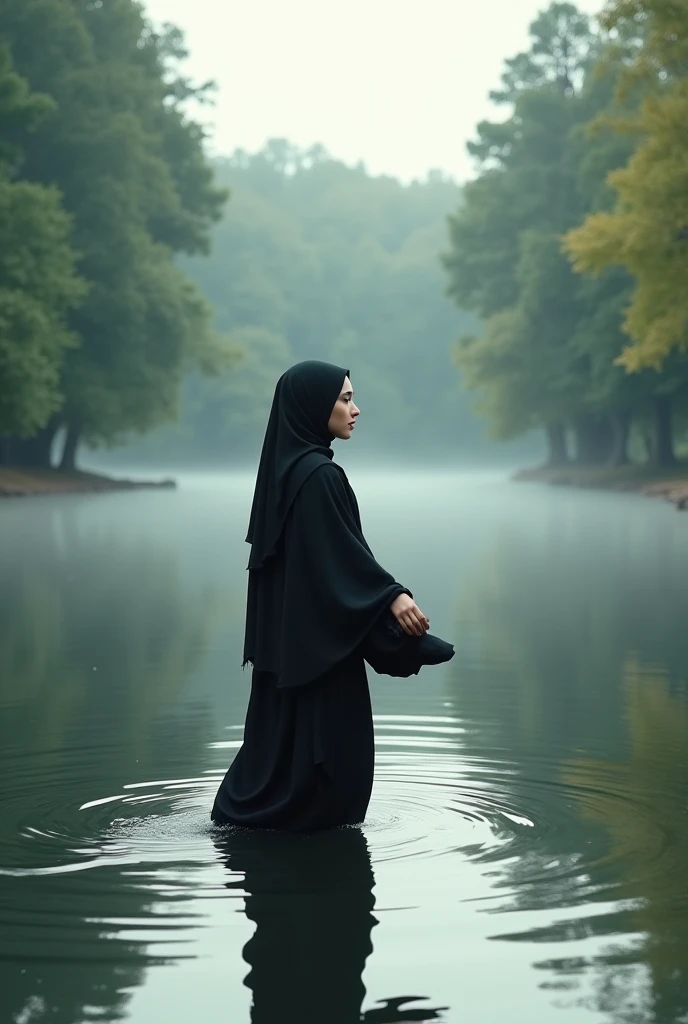 Generate a 4k realistic picture of a 1 girl wearing black pashtoon traditional suit and standing at a road between water of a lake in   green mountains looking at her black pashtoon traditional shoes and shying
