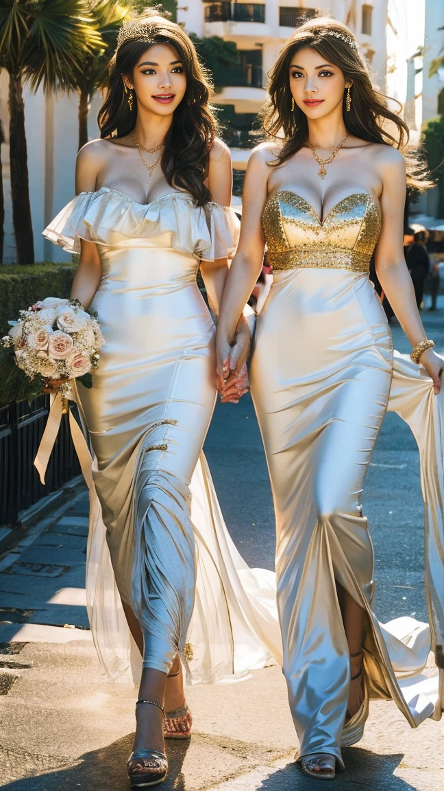 Gold pattern wedding dress,gleaming in the sunlight,Kizi,hair adornments,cropped shoulders,Long green wavy hair that grows to the waist,Gold-tone high heels,Long legs,black lence stockings,byself,bound waist,